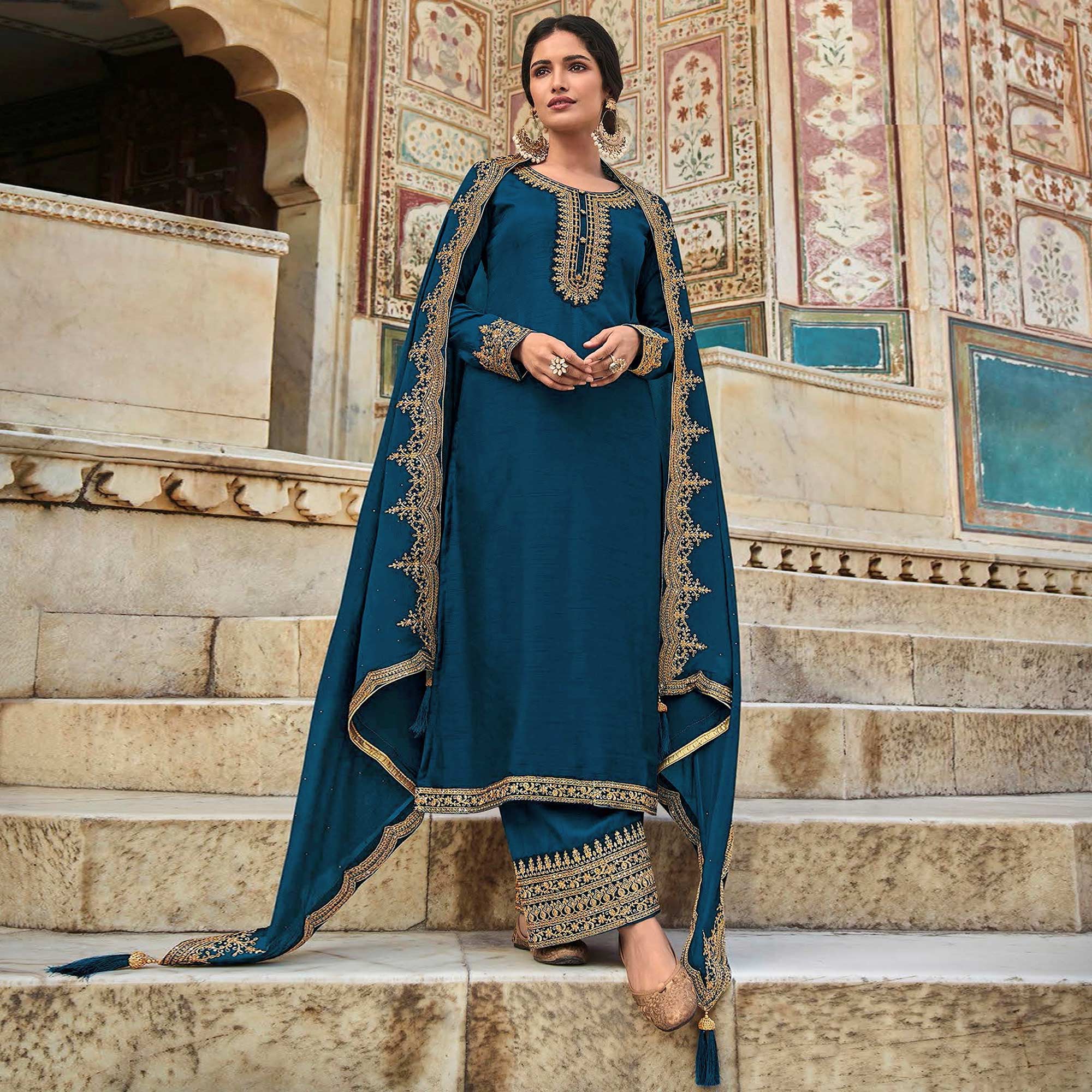 Blue Floral Sequins Embroidered Dola Silk Palazzo Suit