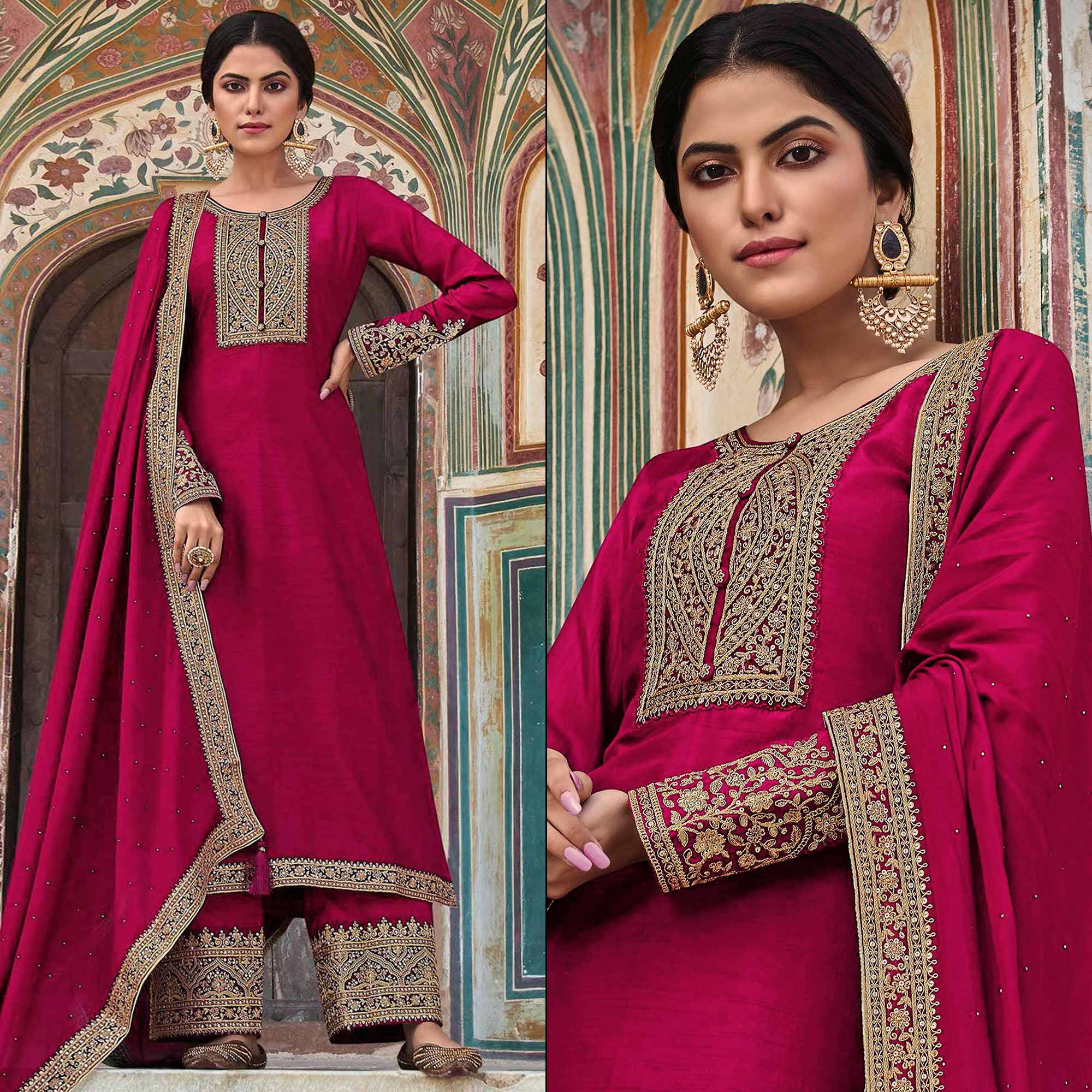 Purple Floral Sequins Embroidered Dola Silk Palazzo Suit