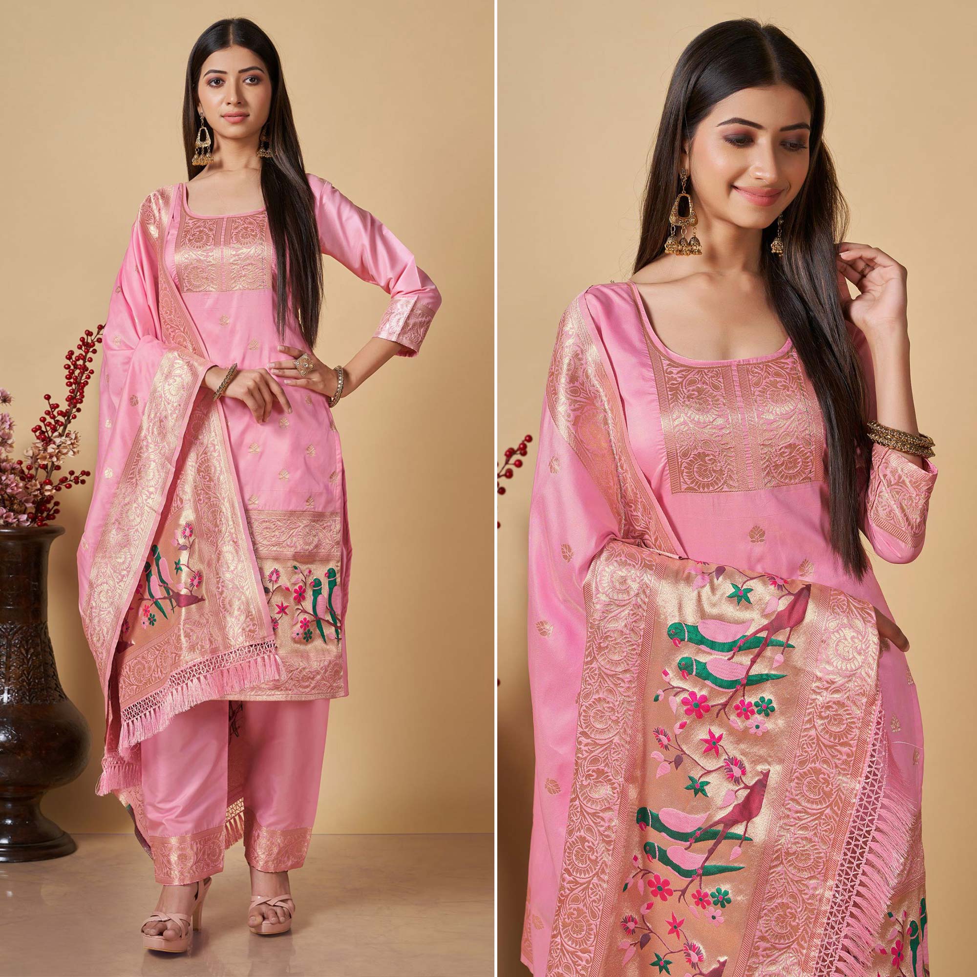 Baby Pink Floral Woven Banarasi Silk Paithani Dress Material