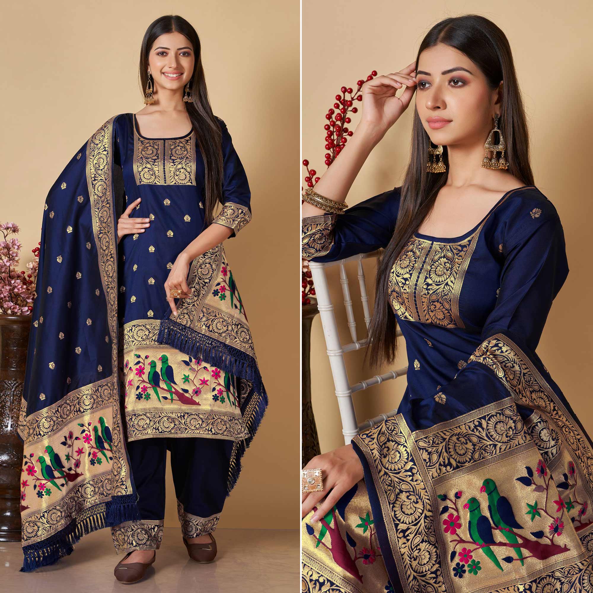 Navy Blue Floral Woven Banarasi Silk Paithani Dress Material