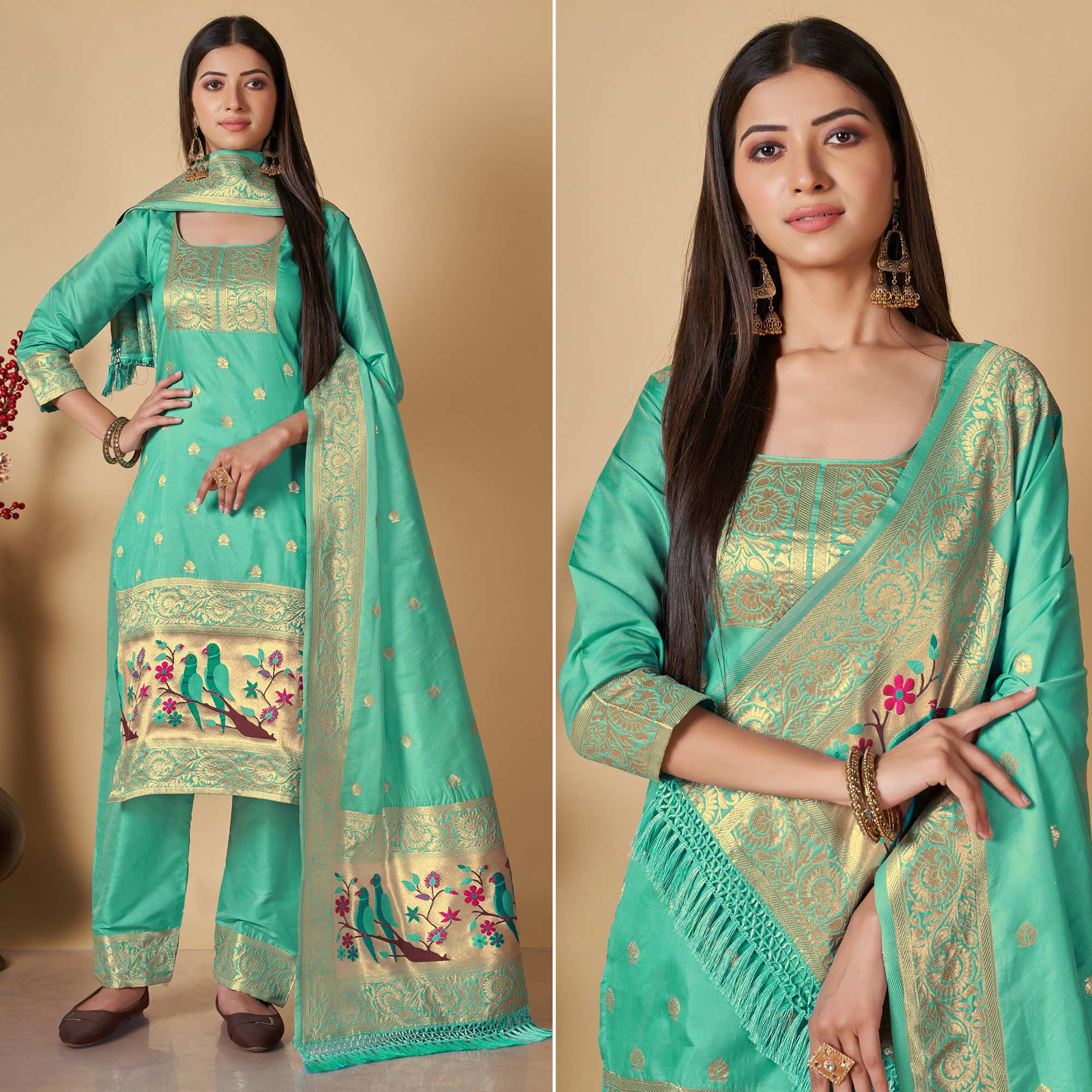 Sea Green Floral Woven Banarasi Silk Paithani Dress Material
