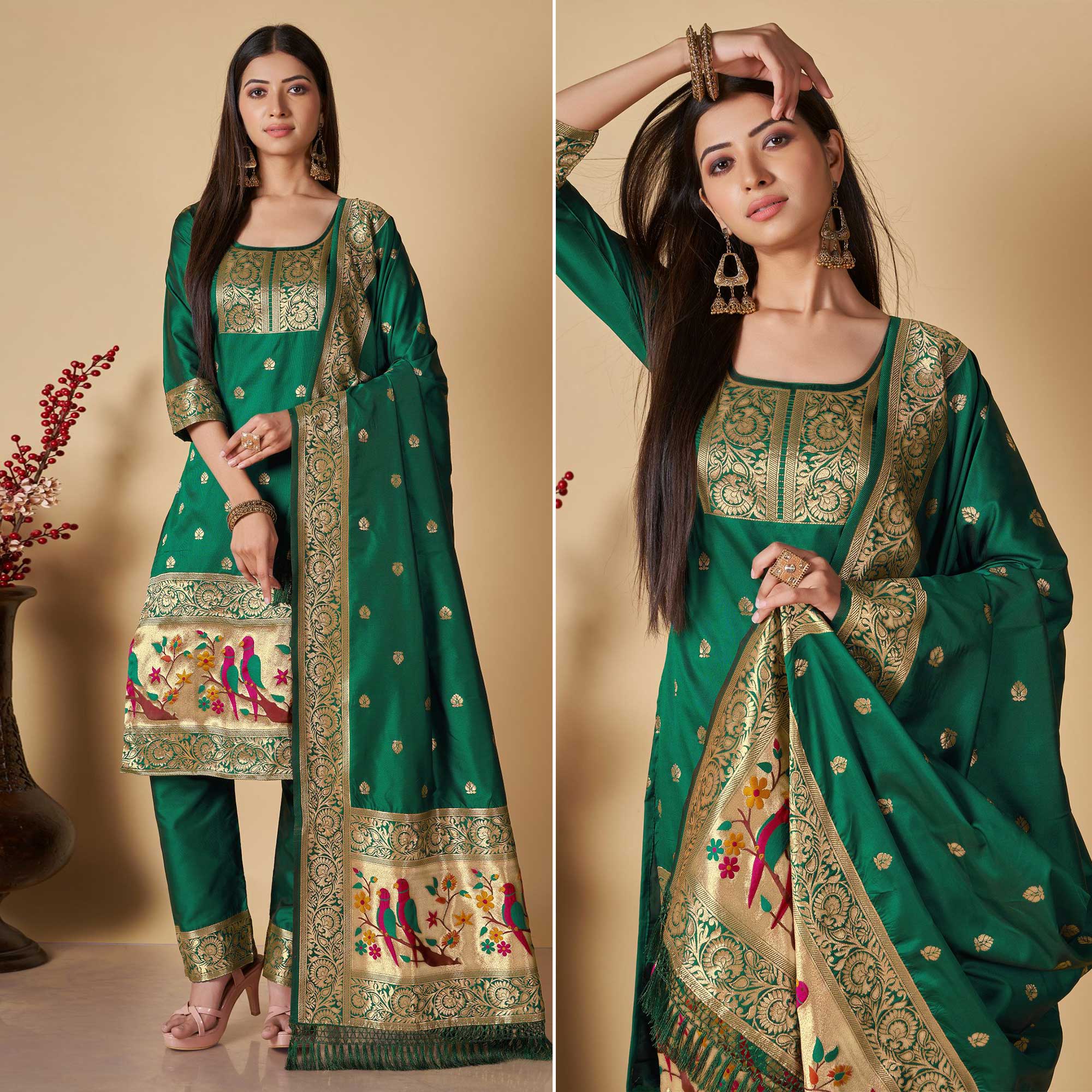 Green Floral Woven Banarasi Silk Paithani Dress Material