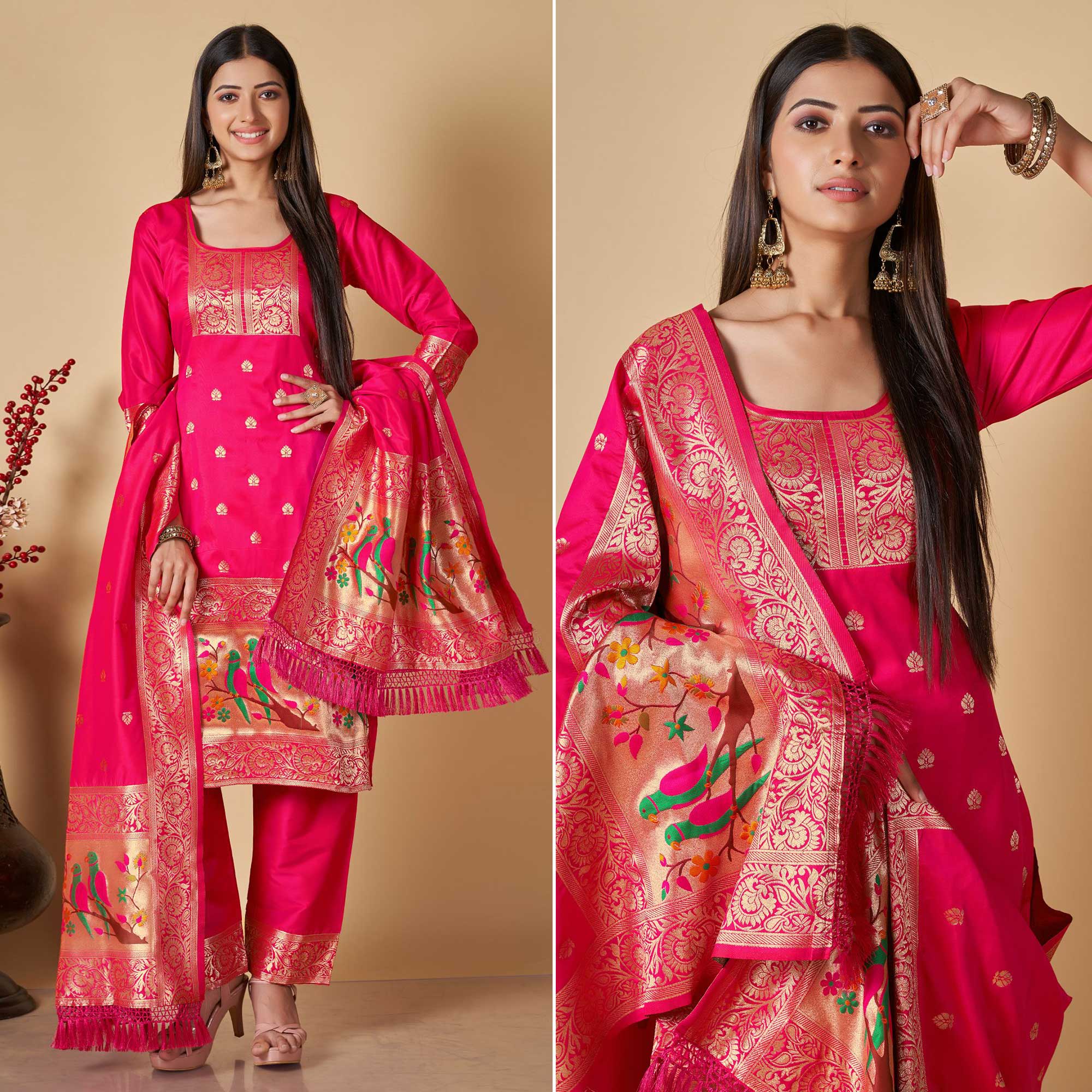 Pink Floral Woven Banarasi Silk Paithani Dress Material
