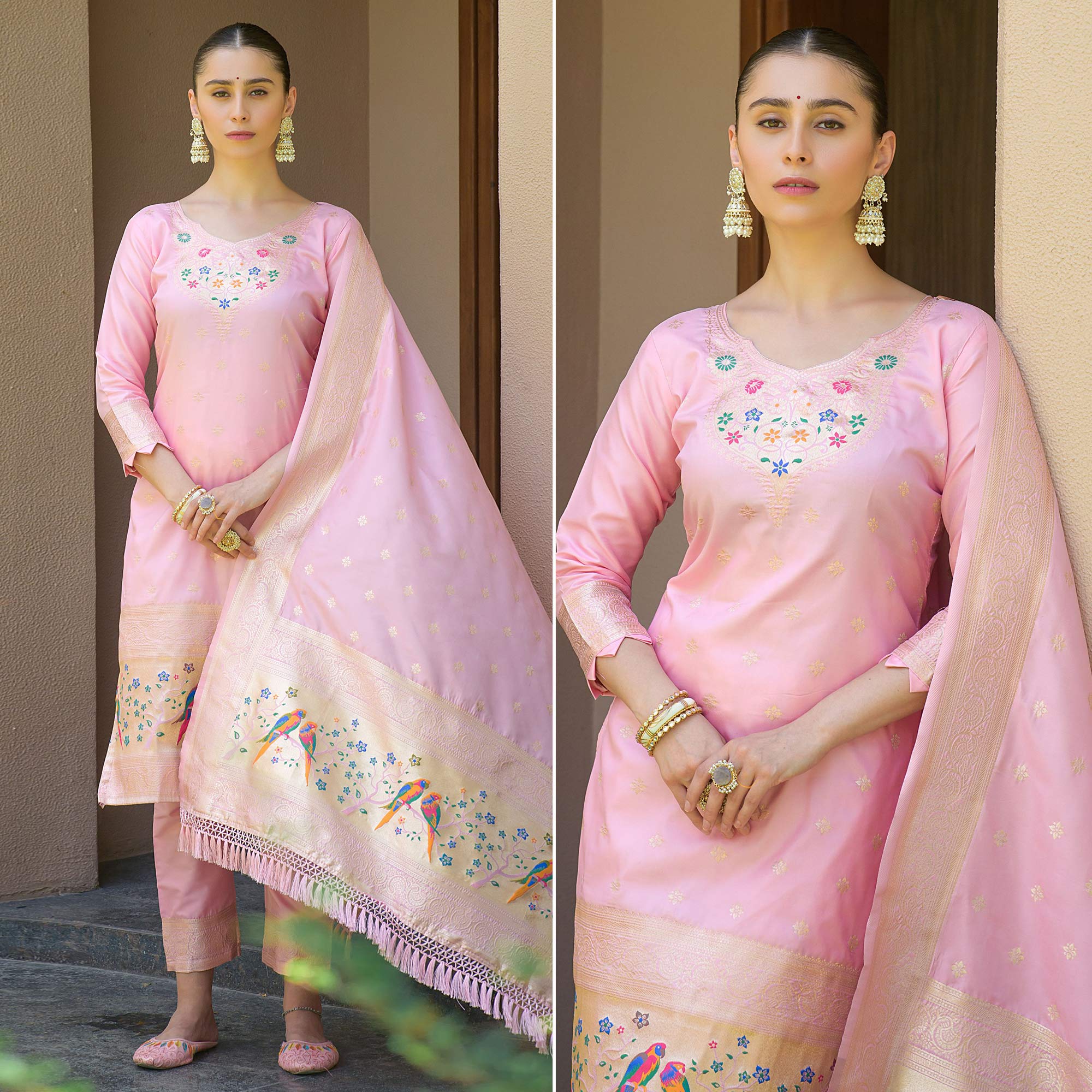 Baby Pink Floral Woven Banarasi Silk Paithani Dress Material
