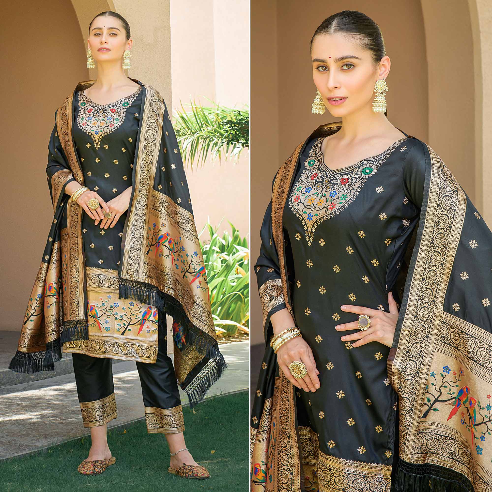 Black Floral Woven Banarasi Silk Paithani Dress Material