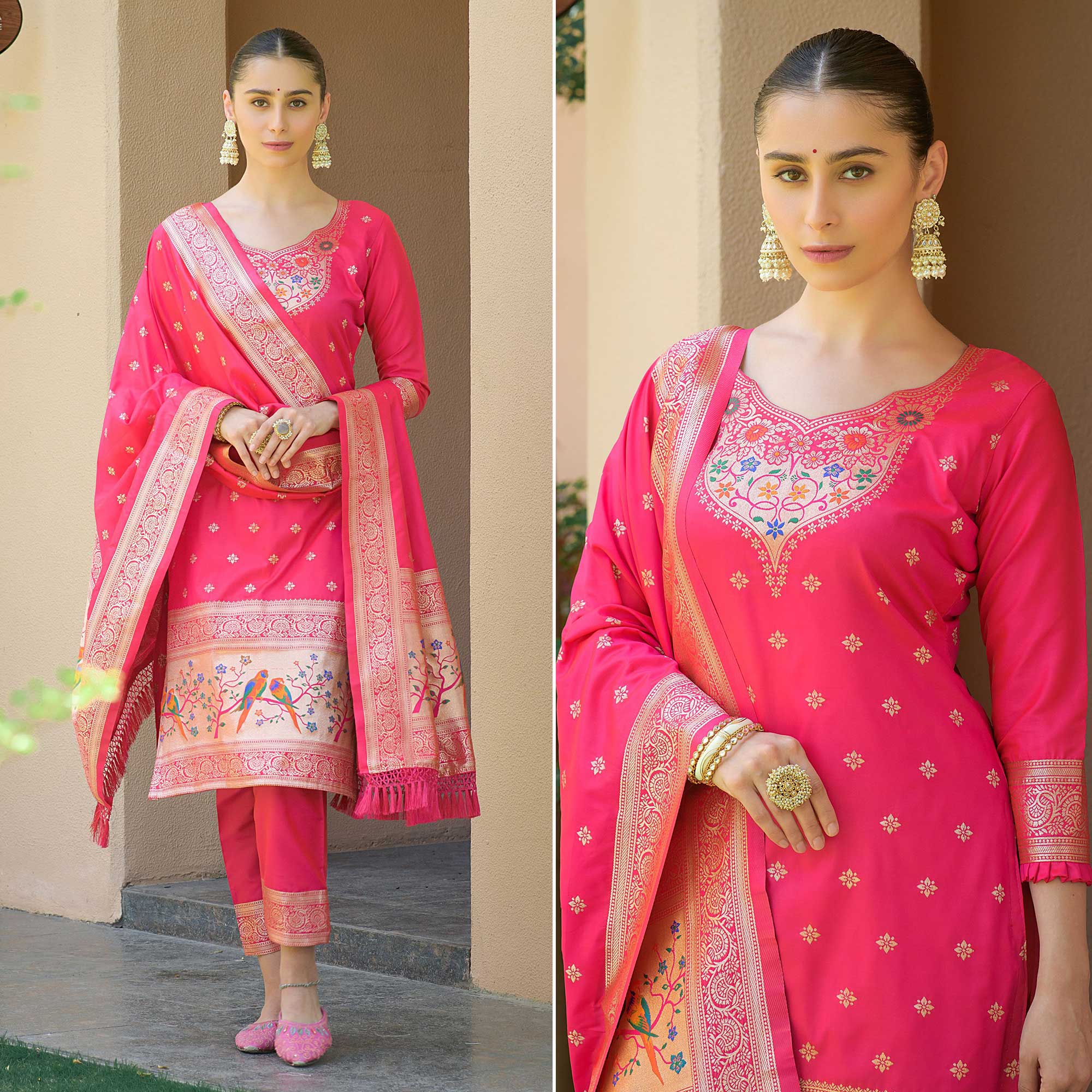 Pink  Floral Woven Banarasi Silk Paithani Dress Material