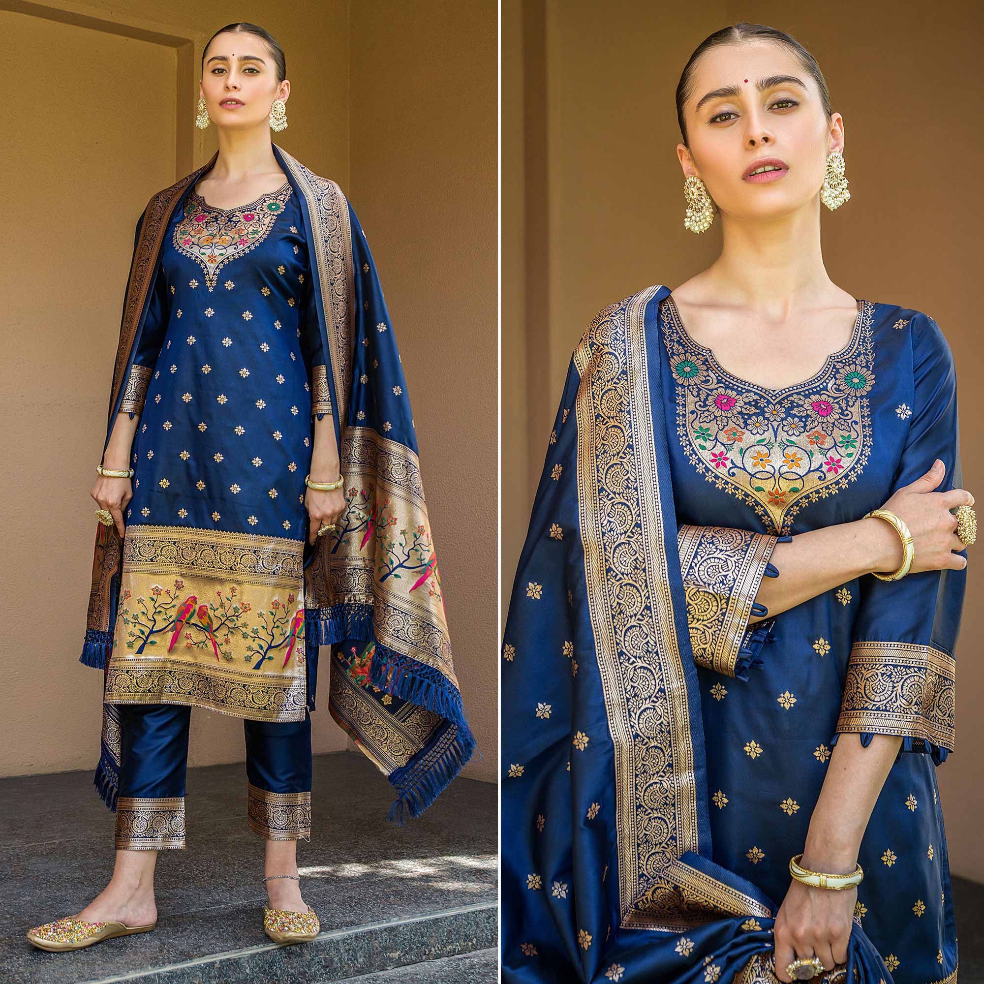 Navy Blue Floral Woven Banarasi Silk Paithani Dress Material