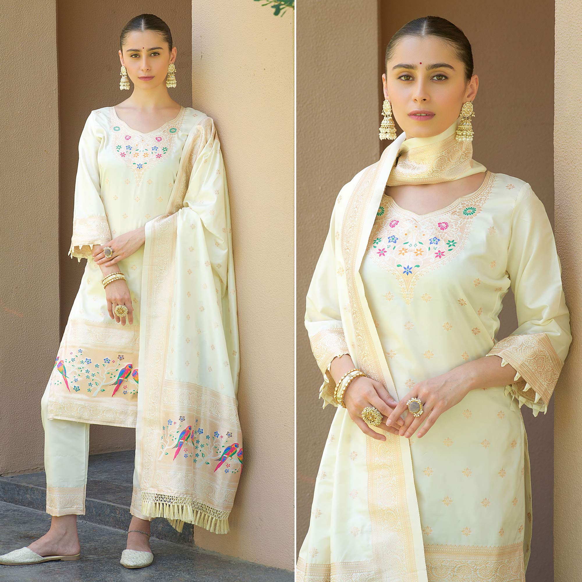 Off white Floral Woven Banarasi Silk Paithani Dress Material