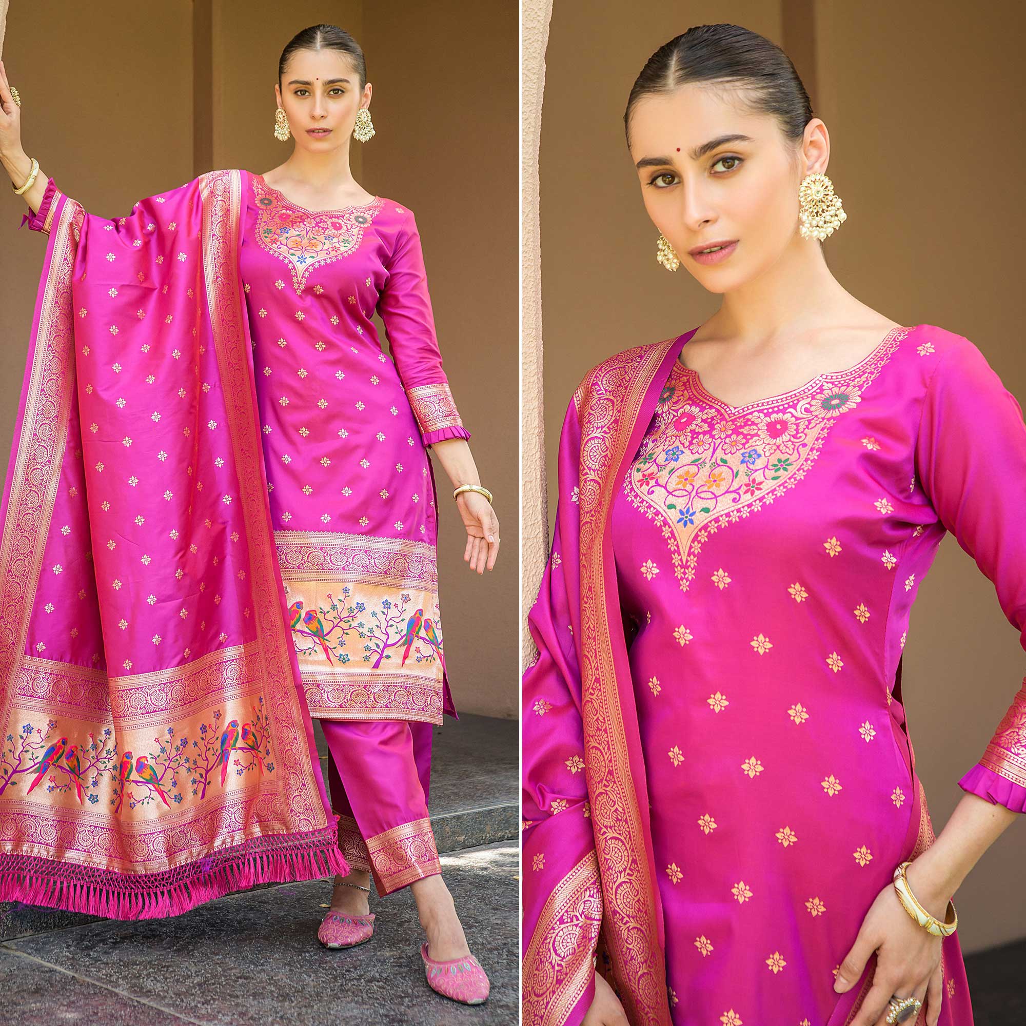 Rani Pink Floral Woven Banarasi Silk Paithani Dress Material