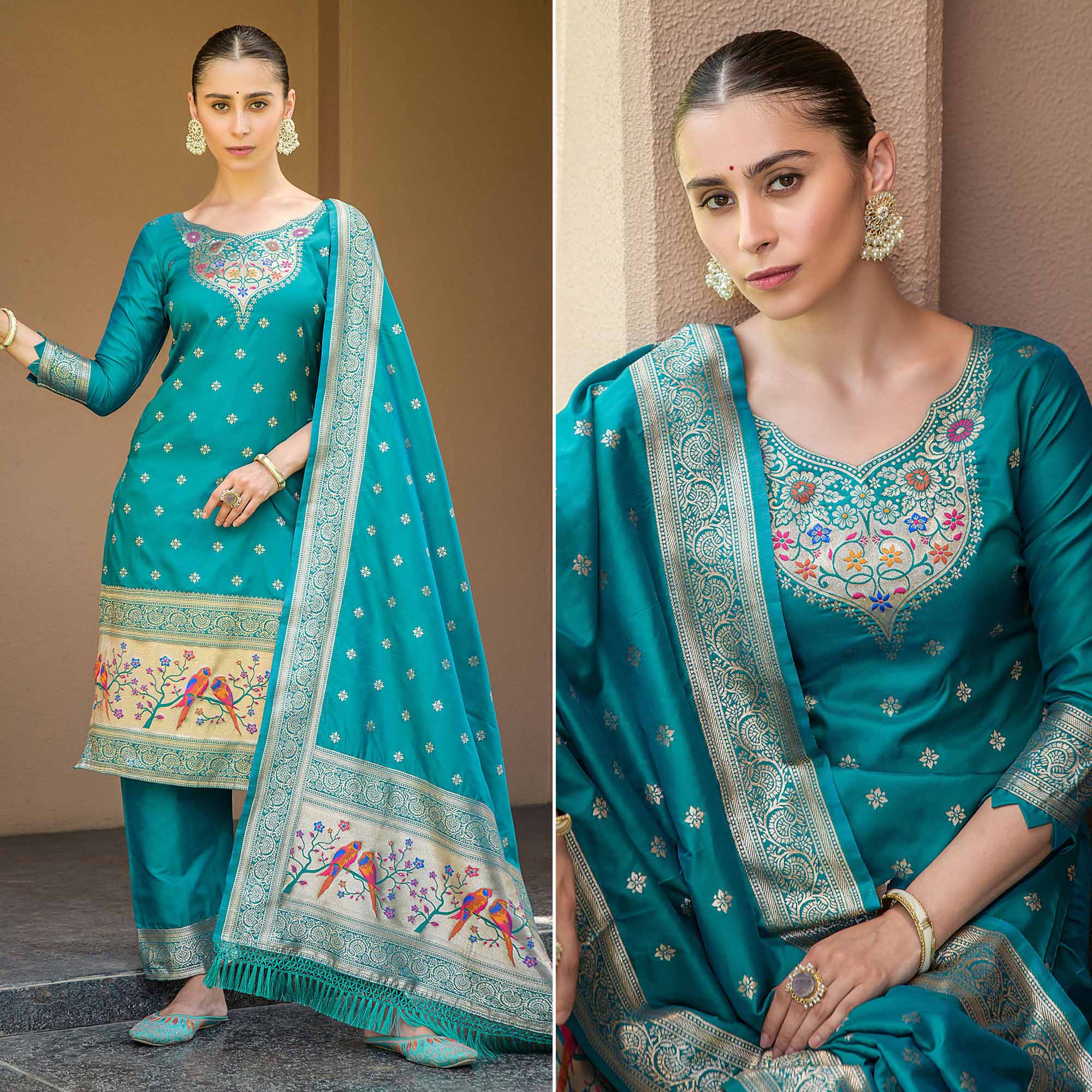 Rama Blue Floral Woven Banarasi Silk Paithani Dress Material