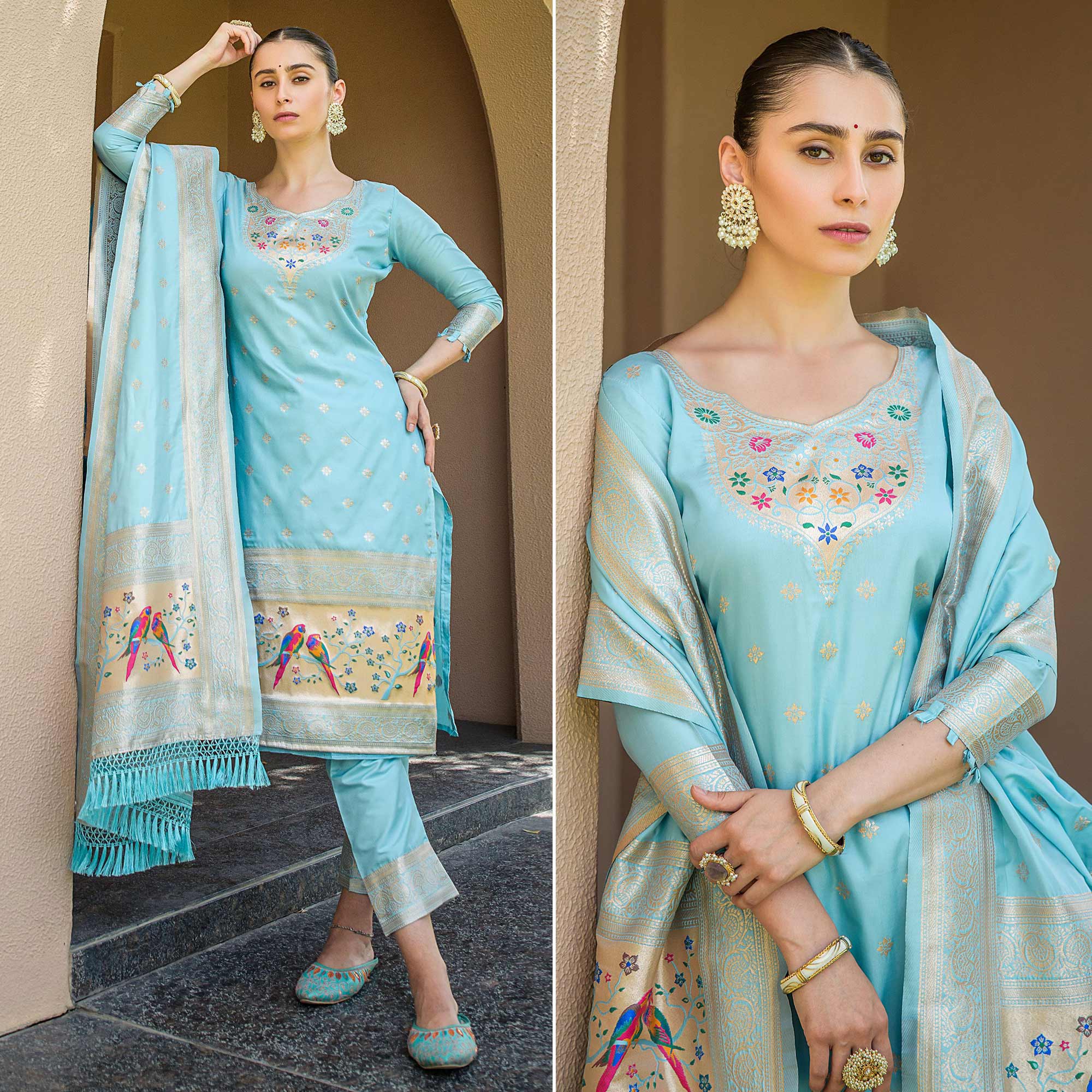 Sky Blue Floral Woven Banarasi Silk Paithani Dress Material