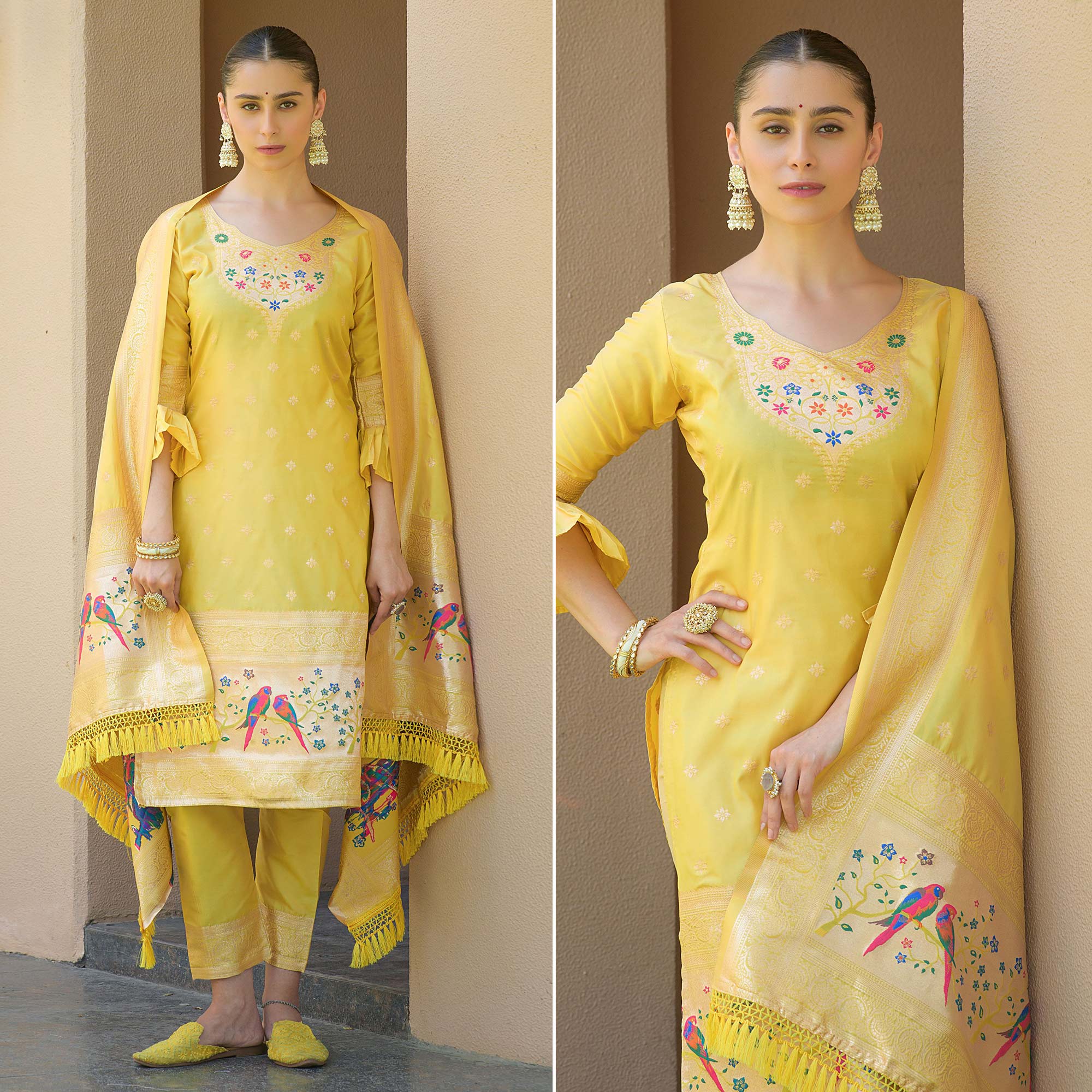 Yellow Floral Woven Banarasi Silk Paithani Dress Material