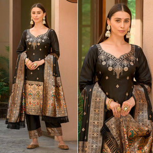 Black Floral Woven Banarasi Silk Paithani Dress Material