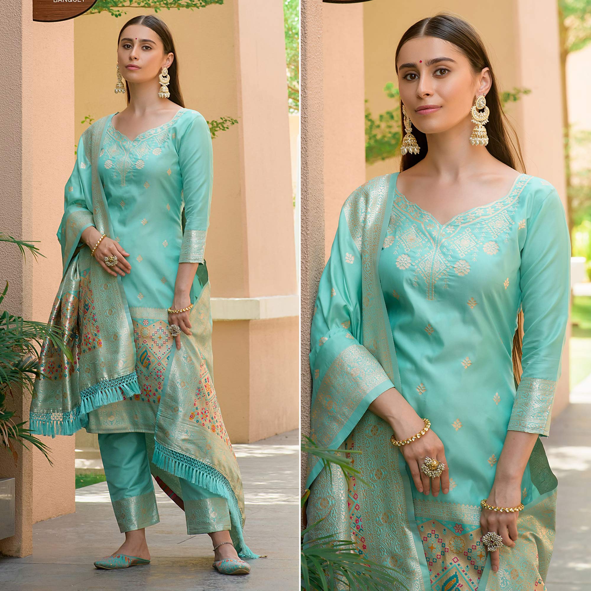 Turquoise Floral Woven Banarasi Silk Paithani Dress Material