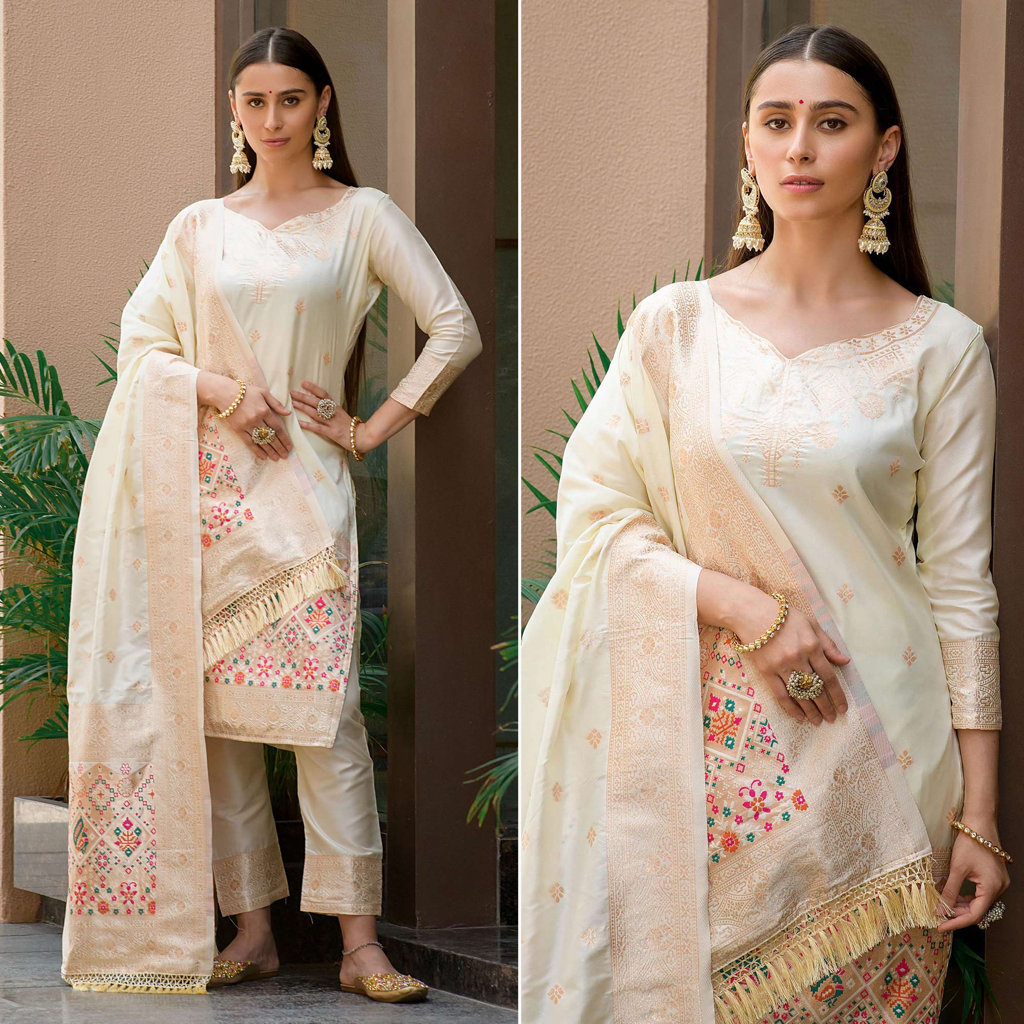 Offwhite Floral Woven Banarasi Silk Paithani Dress Material