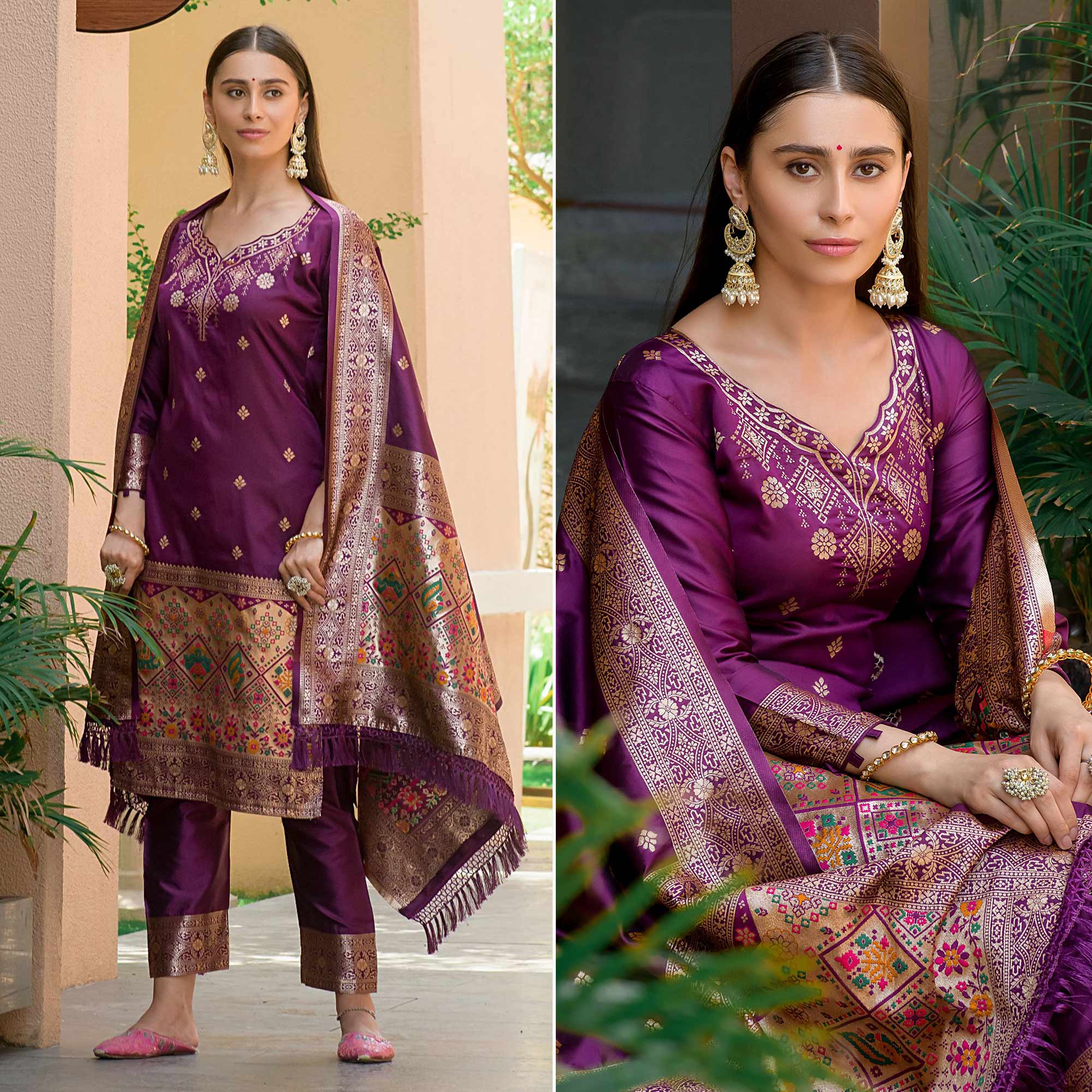 Purple Floral Woven Banarasi Silk Paithani Dress Material