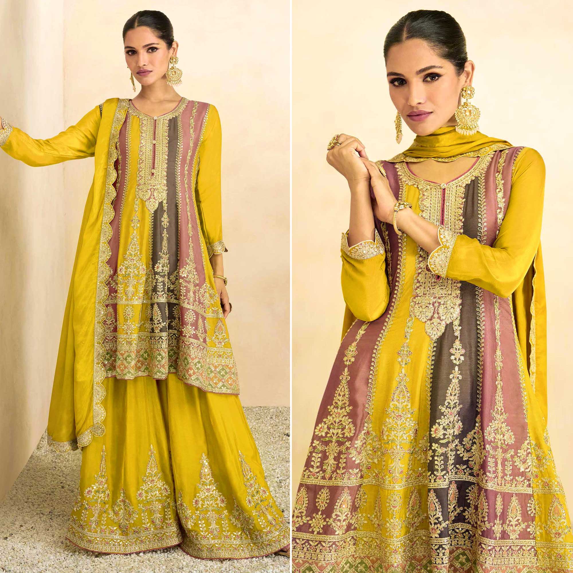 Yellow Sequins Embroidered Chinon Semi Stitched Sharara Suit