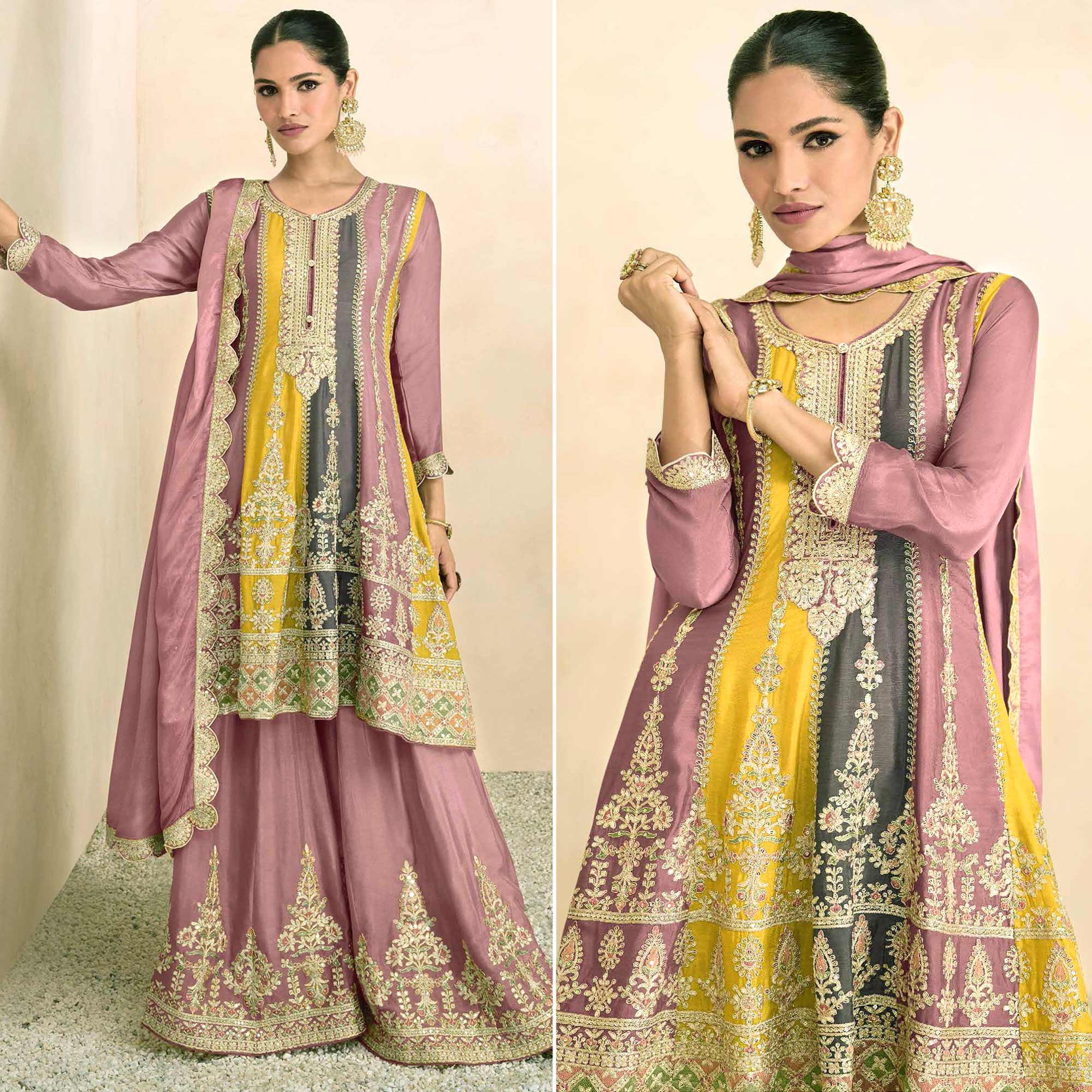 Pink Sequins Embroidered Chinon Semi Stitched Sharara Suit