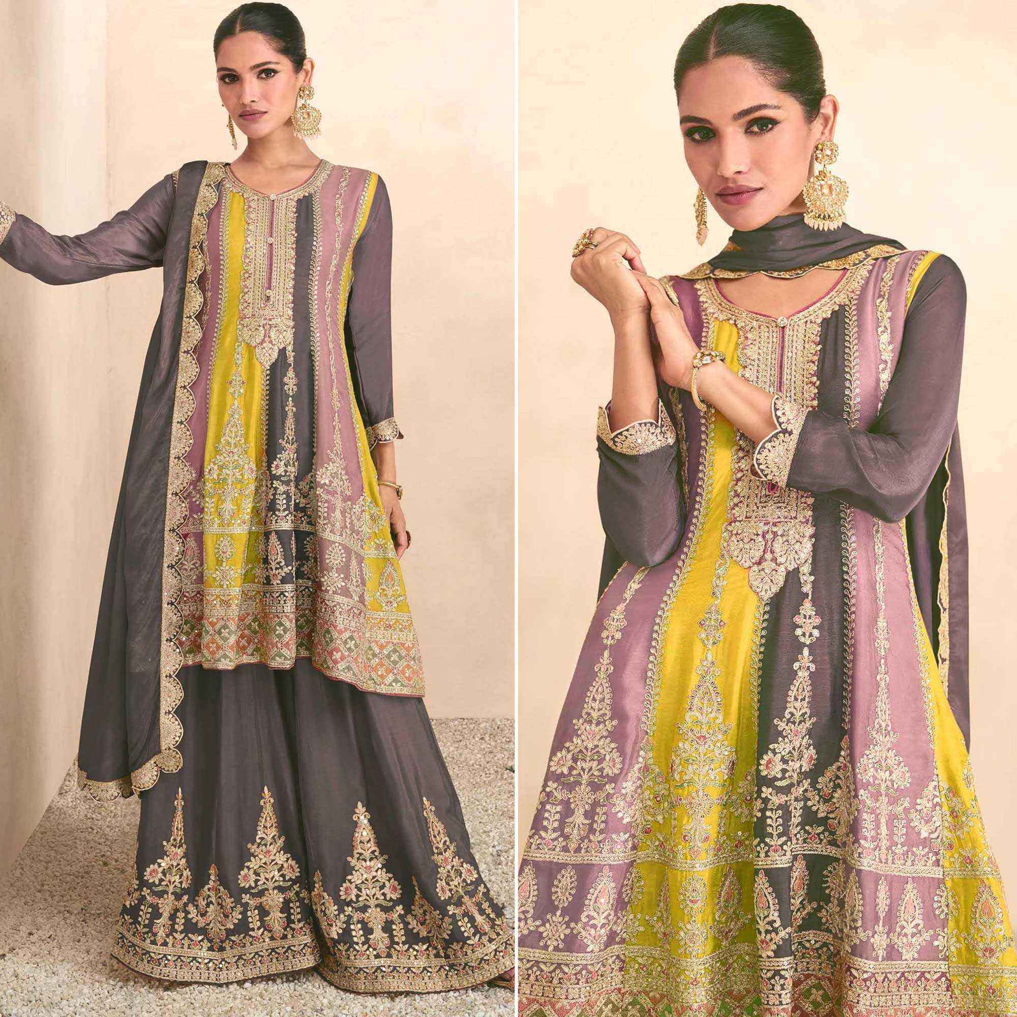 Brown Sequins Embroidered Chinon Semi Stitched Sharara Suit