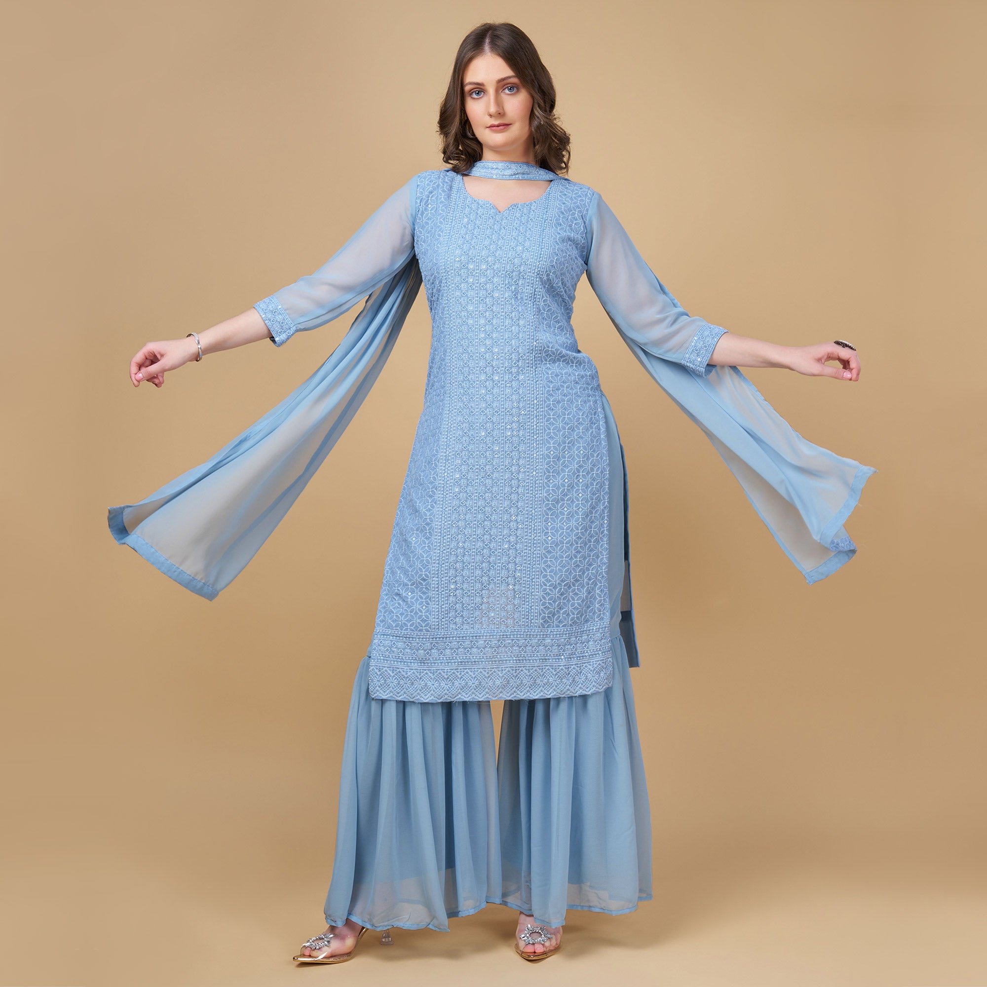 Sky Blue Embroidered Georgette Kurti Sharara Suit