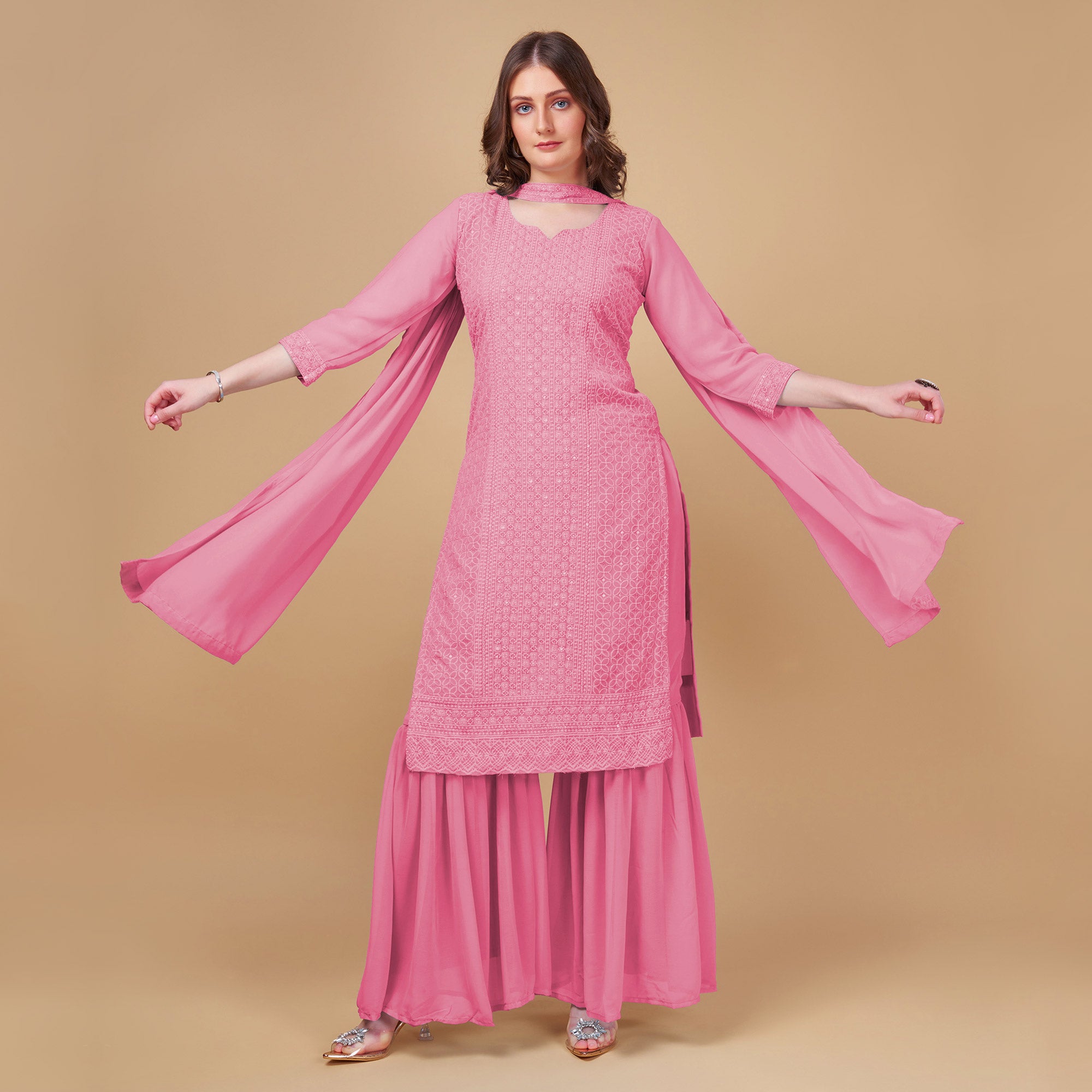 Pink Embroidered Georgette Kurti Sharara Suit