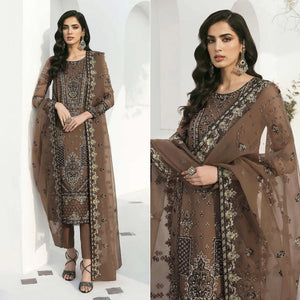 Brown Floral Embroidered Georgette Semi Stitched Pakistani Suit