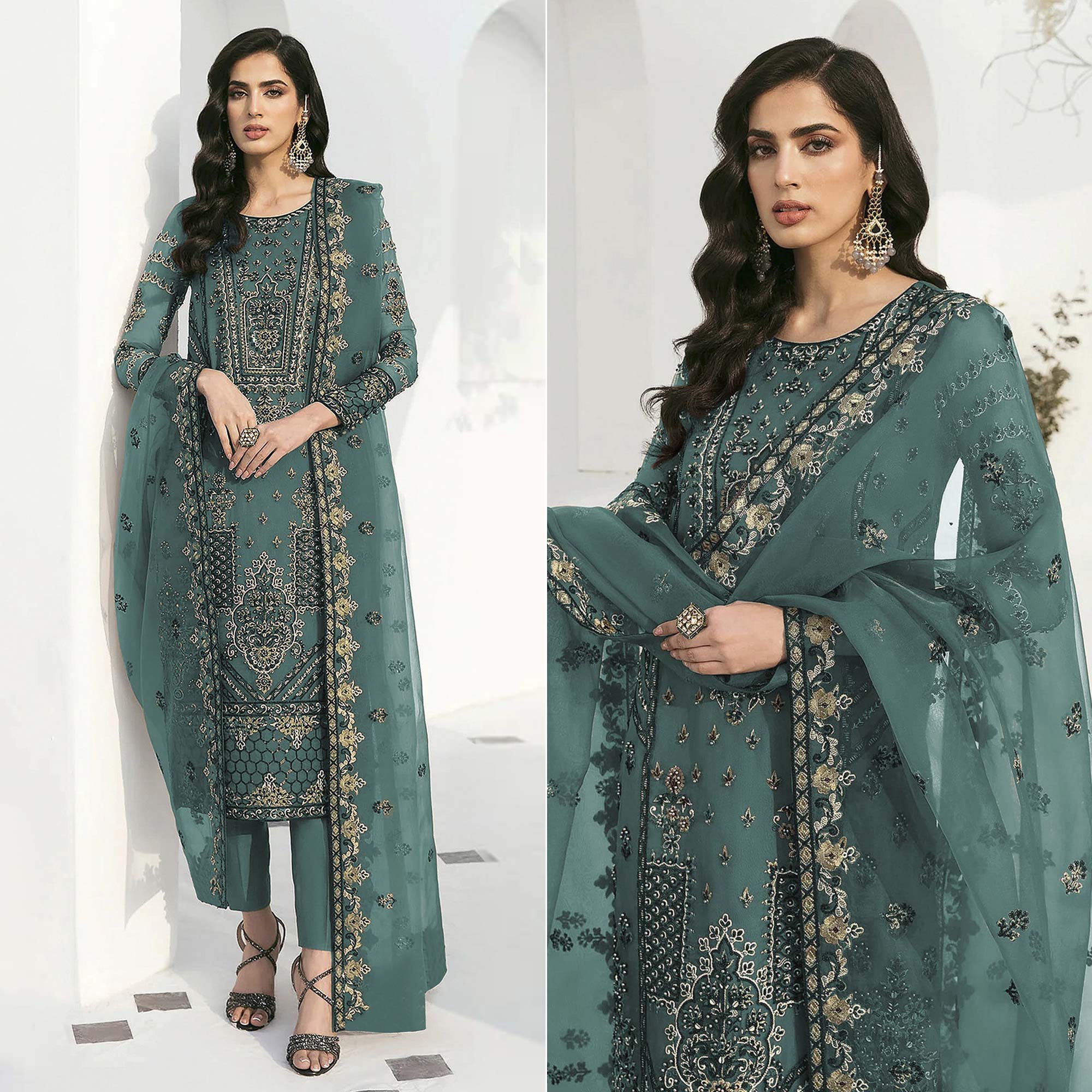 Green Floral Embroidered Georgette Semi Stitched Pakistani Suit