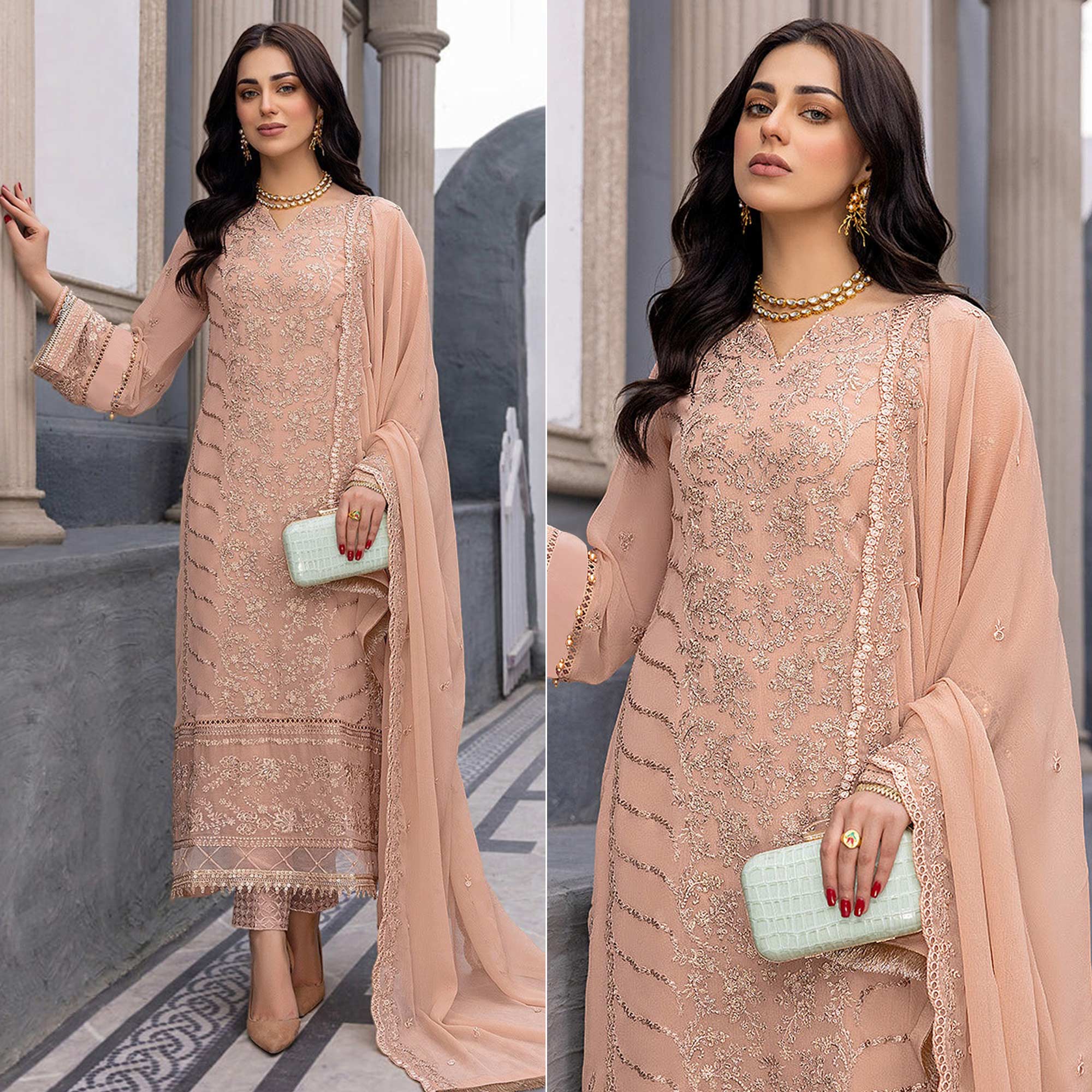 Peach Floral Embroidered Georgette Semi Stitched Suit