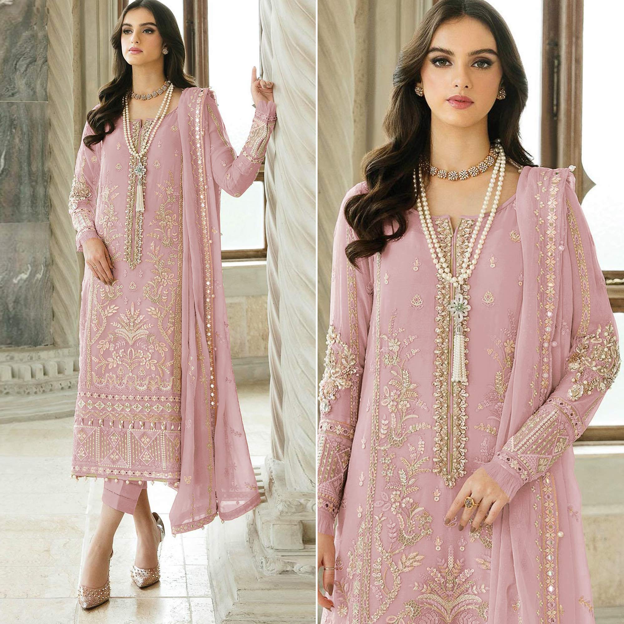 Peach Floral Sequins Embroidered Georgette Semi Stitched Suit