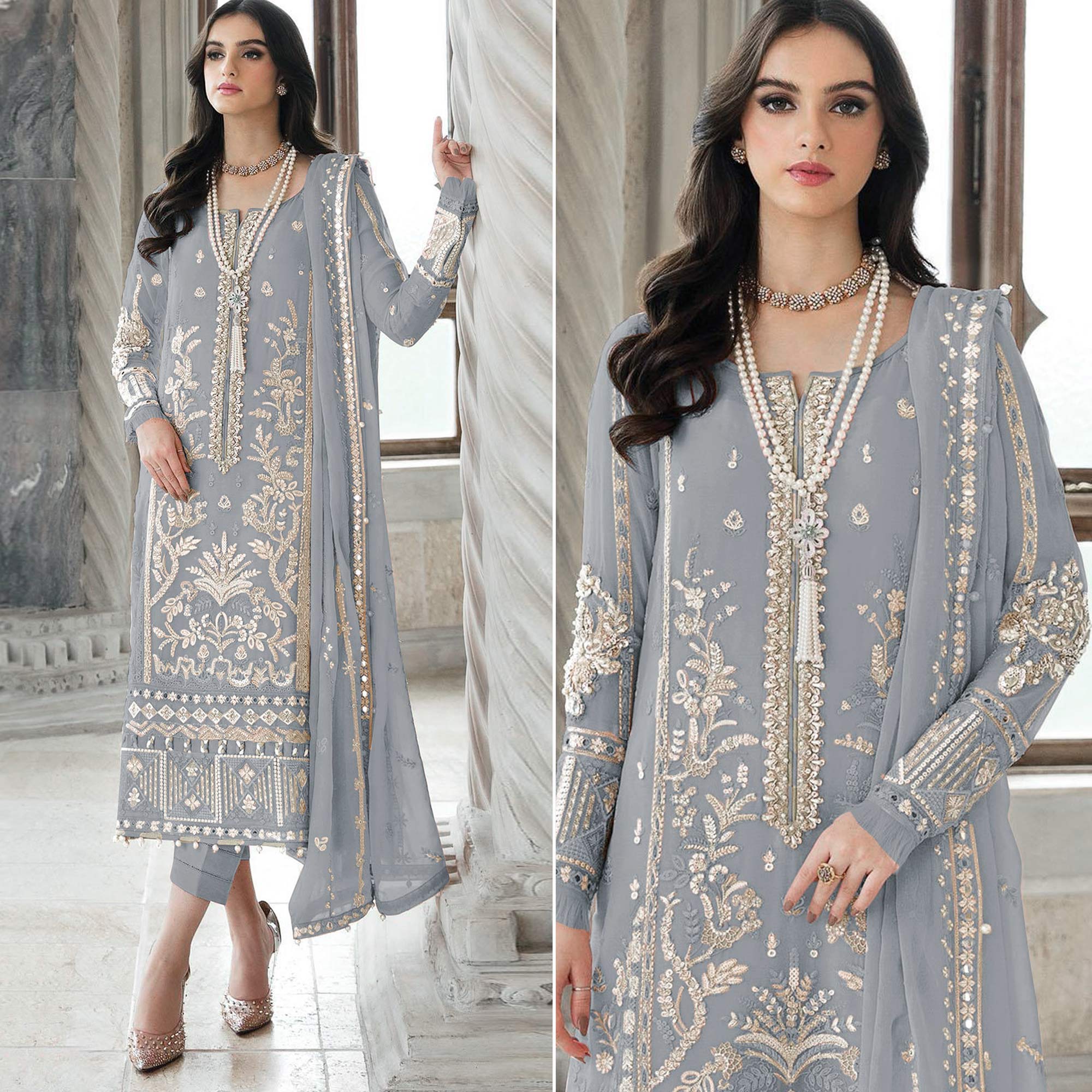 Grey Floral Sequins Embroidered Georgette Semi Stitched Suit