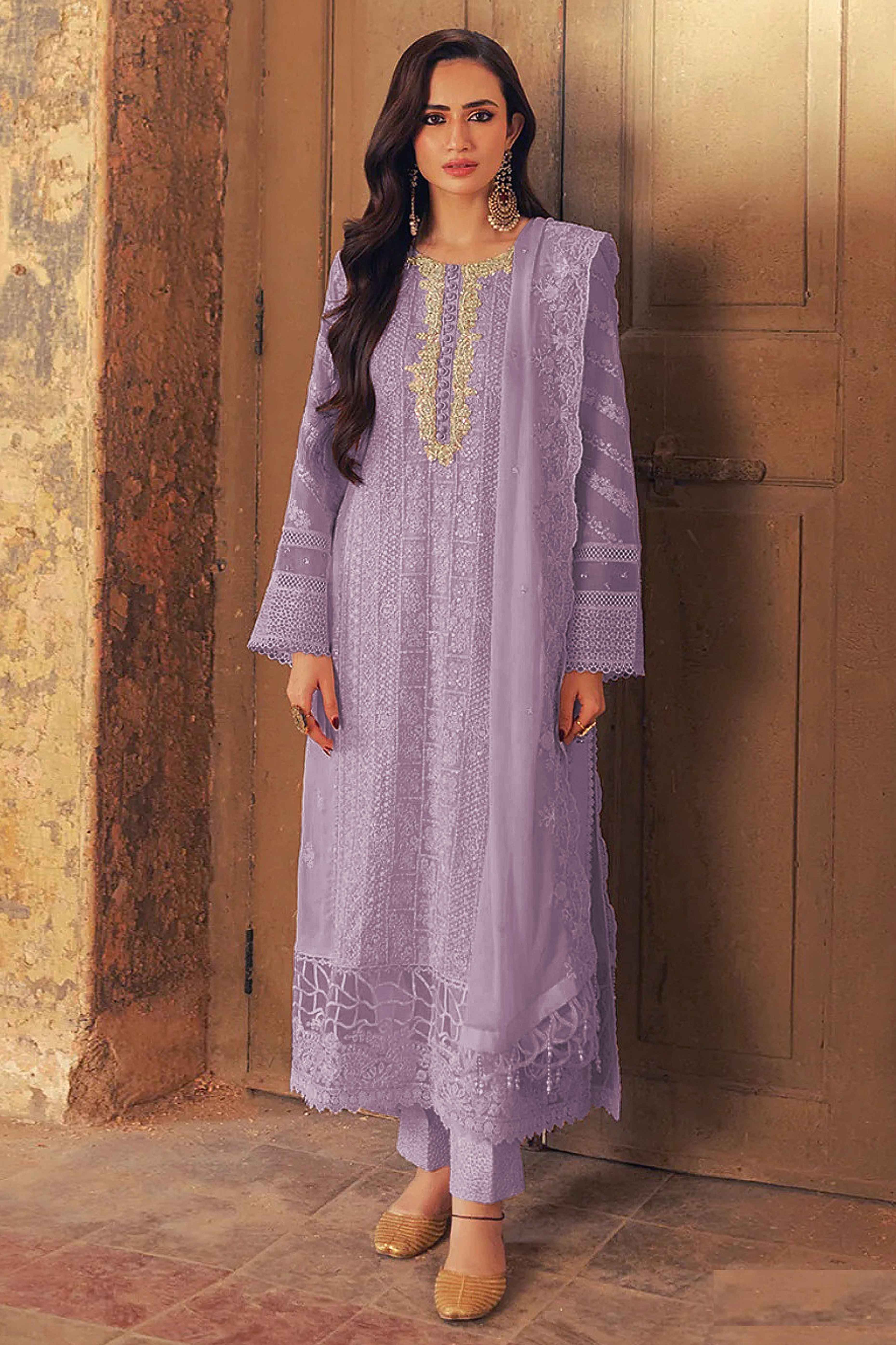 Purple Embroidered Georgette Semi-Stitched Pakistani Suit