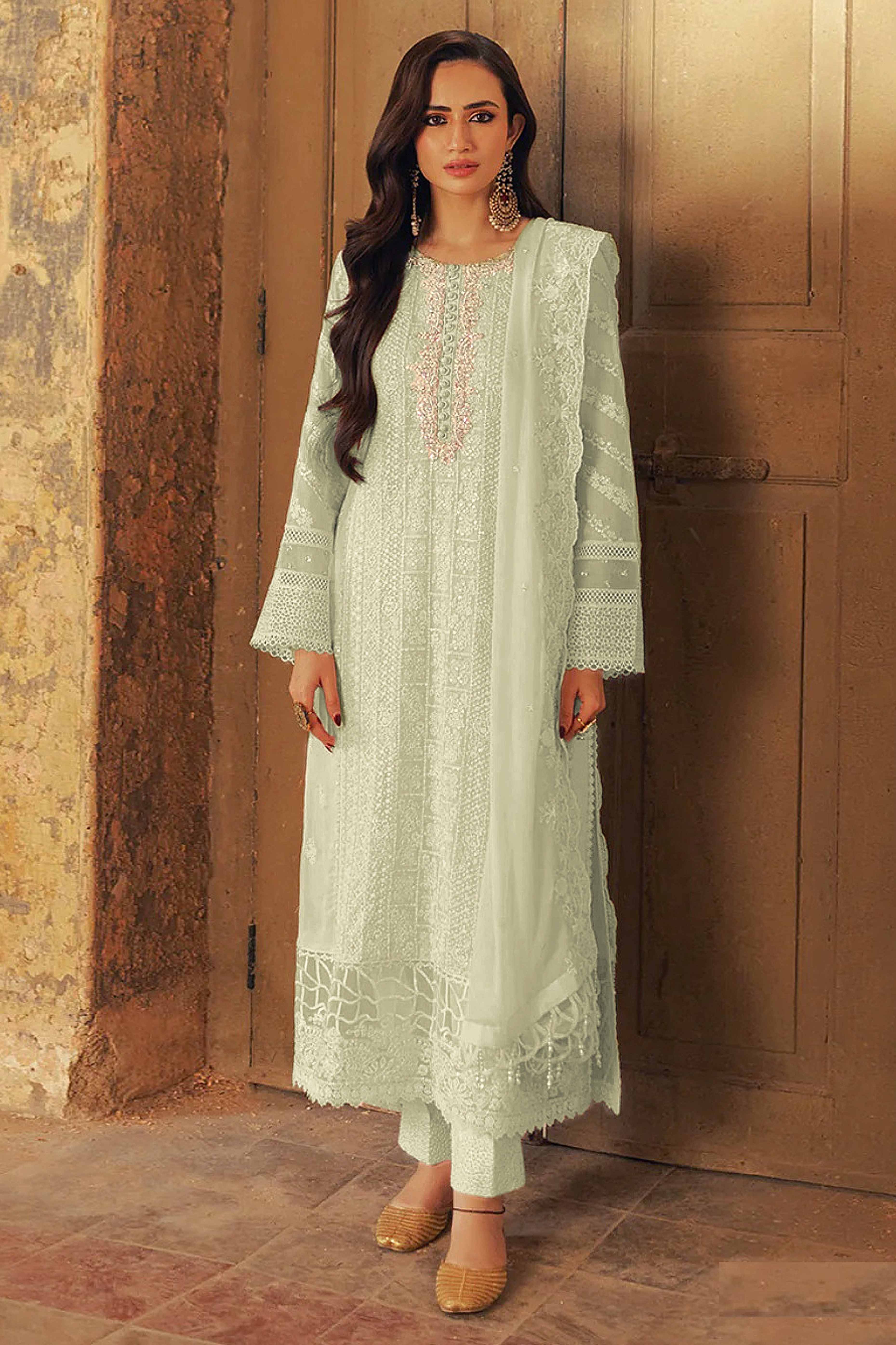 Green Embroidered Georgette Semi-Stitched Pakistani Suit