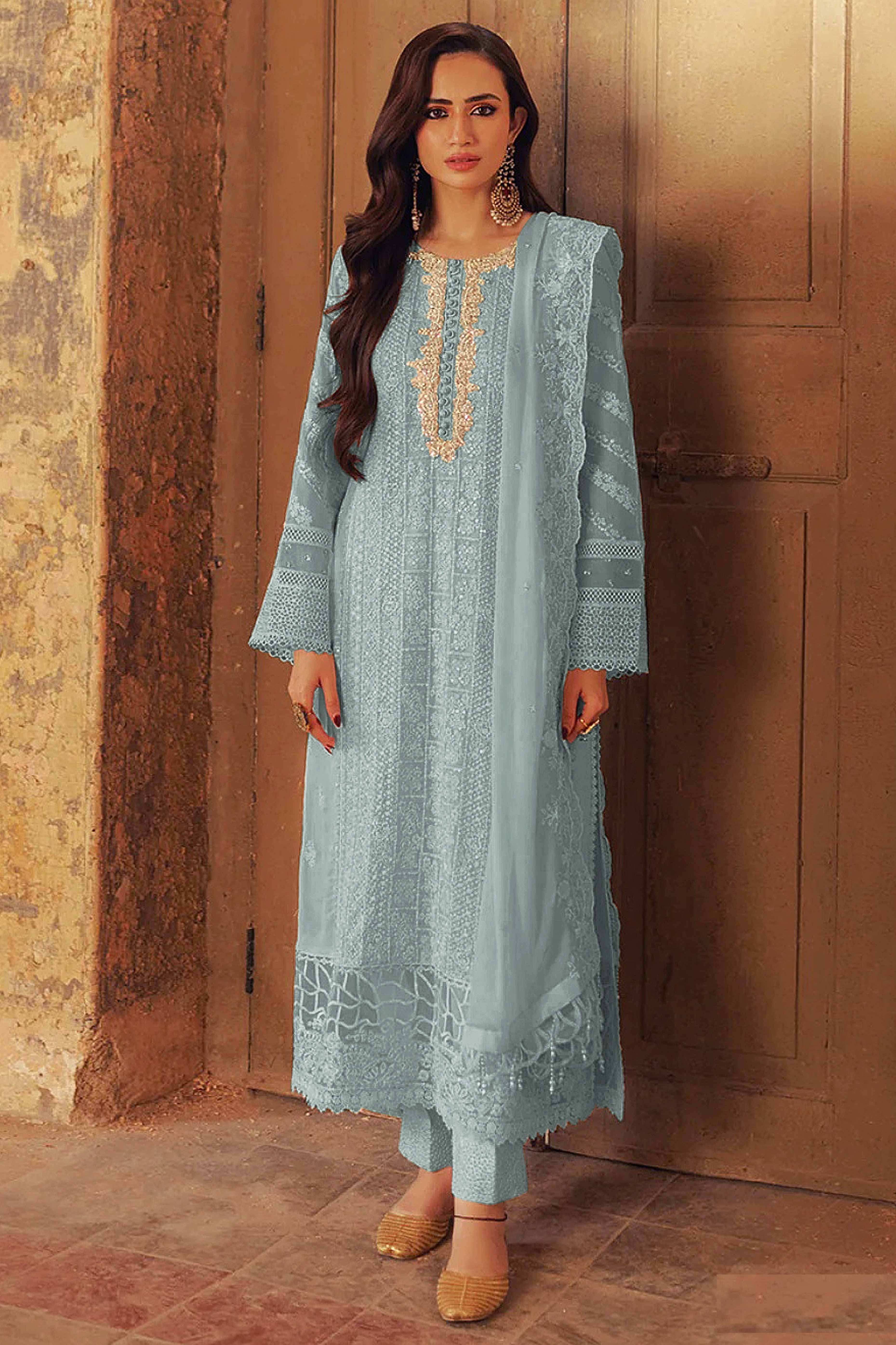 Sea Blue Embroidered Georgette Semi-Stitched Pakistani Suit