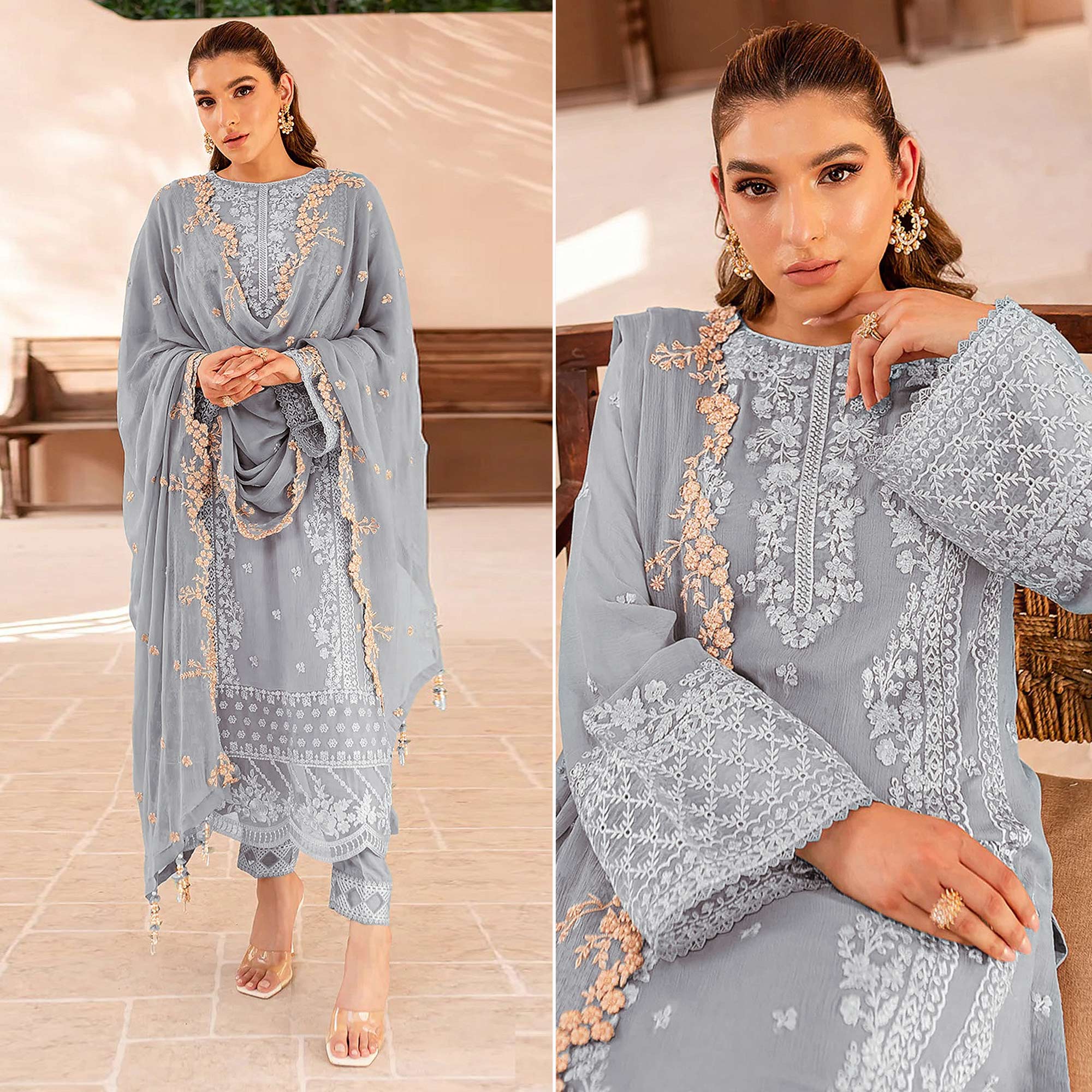 Sky Blue Floral Sequins Embroidered Georgette Semi Stitched Pakistani Suit