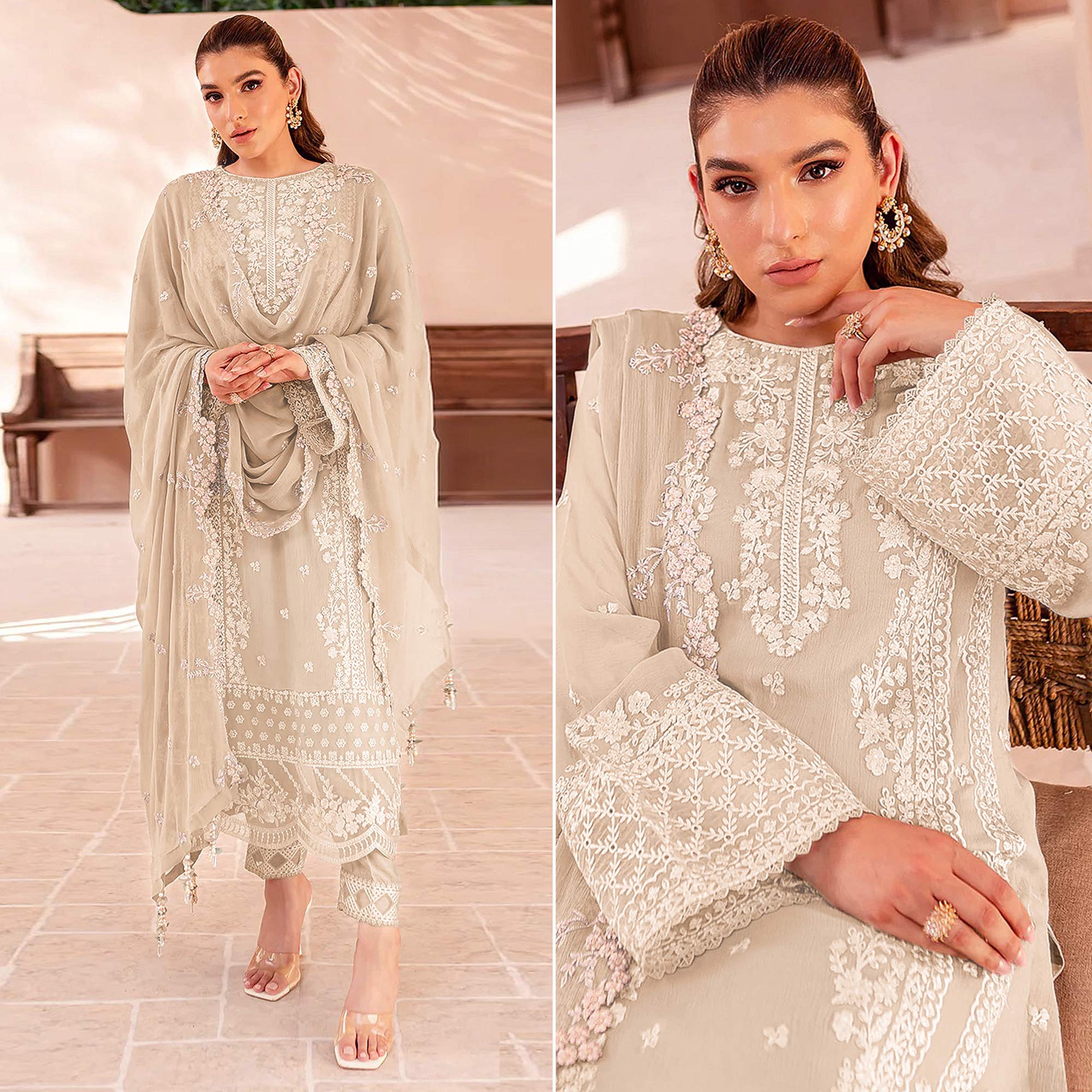 Cream Floral Sequins Embroidered Georgette Semi Stitched Pakistani Suit