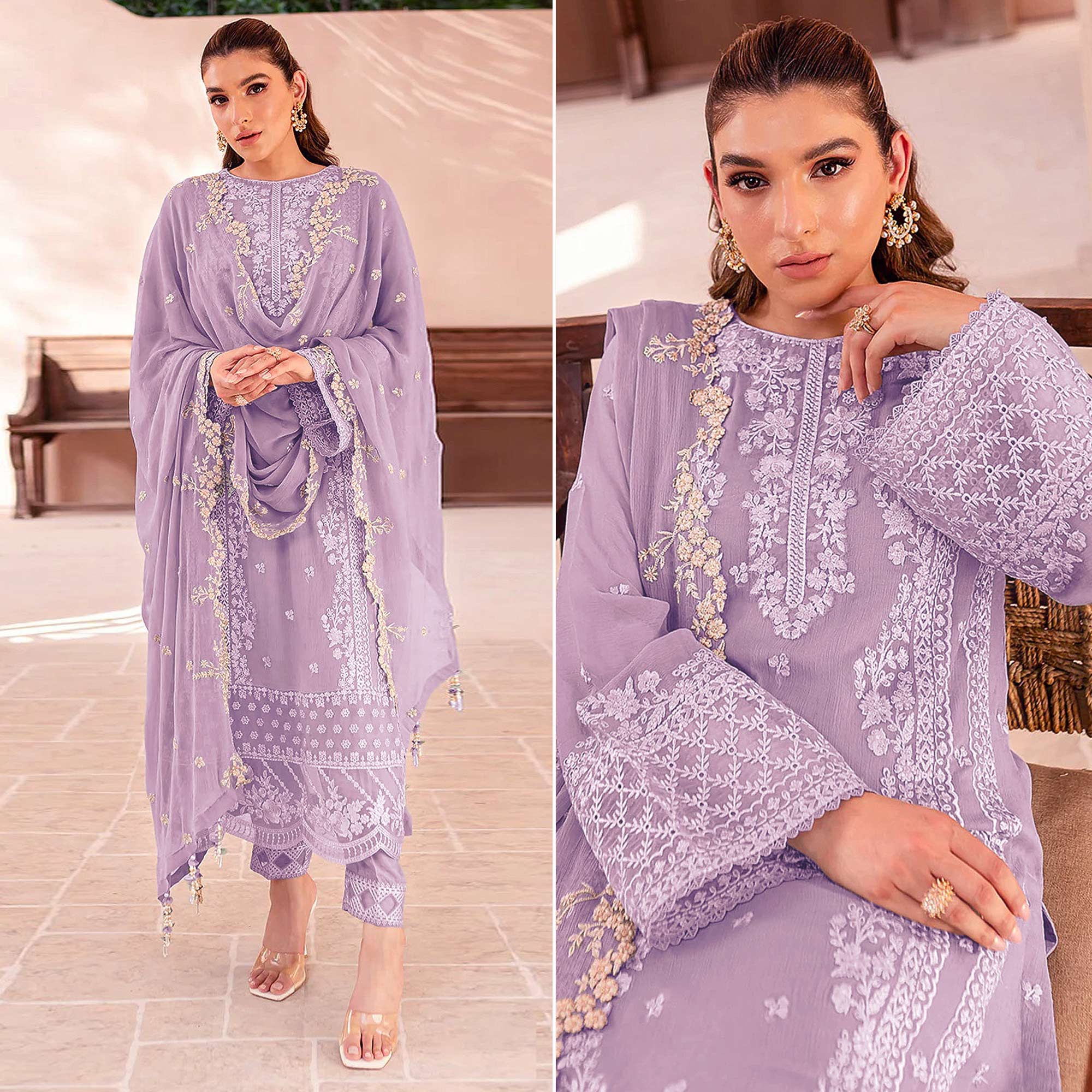 Lavender Floral Sequins Embroidered Georgette Semi Stitched Pakistani Suit