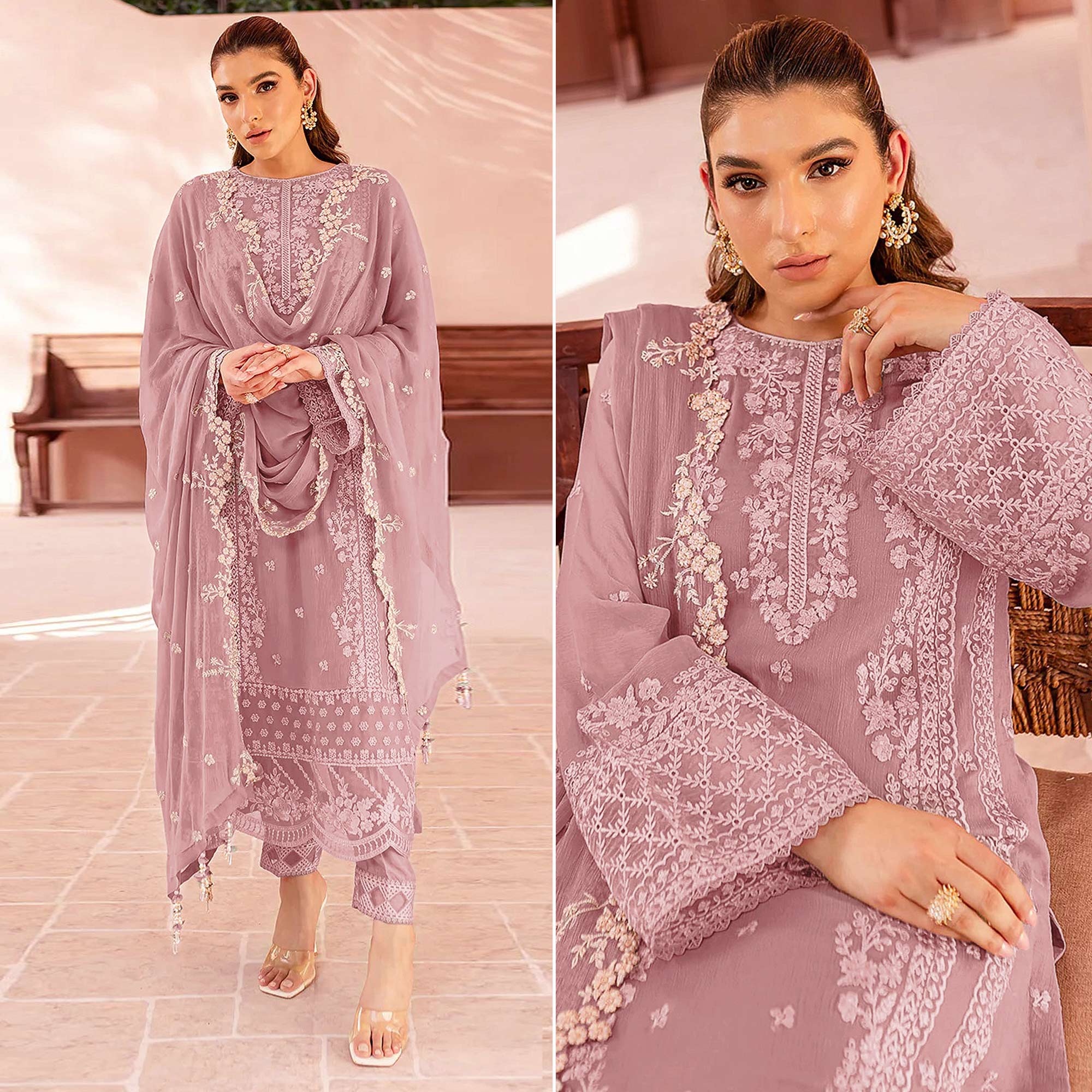 Mauve Floral Sequins Embroidered Georgette Semi Stitched Pakistani Suit