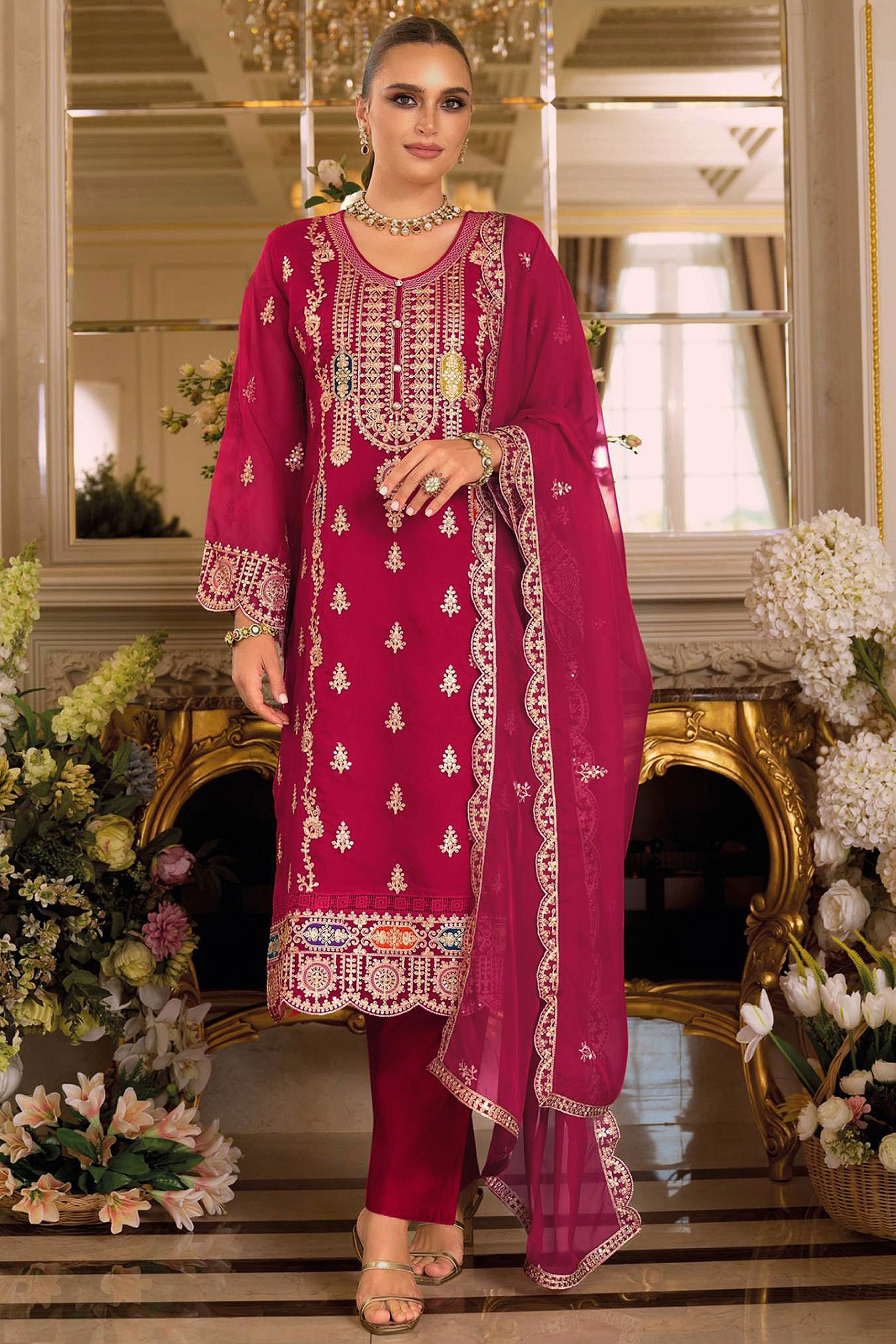 Pink Chinon Semi-Stitched Pakistani Salwar Suit with Elegant Golden Thread Embroidery