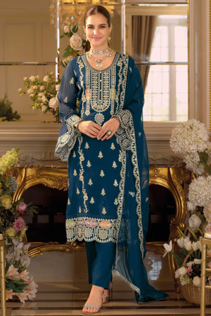 Teal Chinon Semi-Stitched Pakistani Salwar Suit with Elegant Golden Thread Embroidery