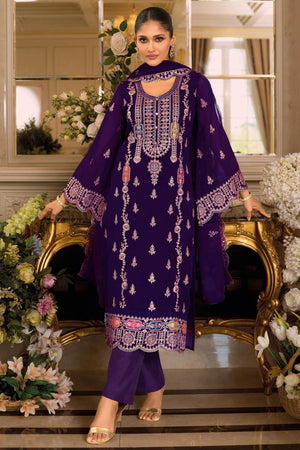 Violet Chinon Semi-Stitched Pakistani Salwar Suit with Elegant Golden Thread Embroidery