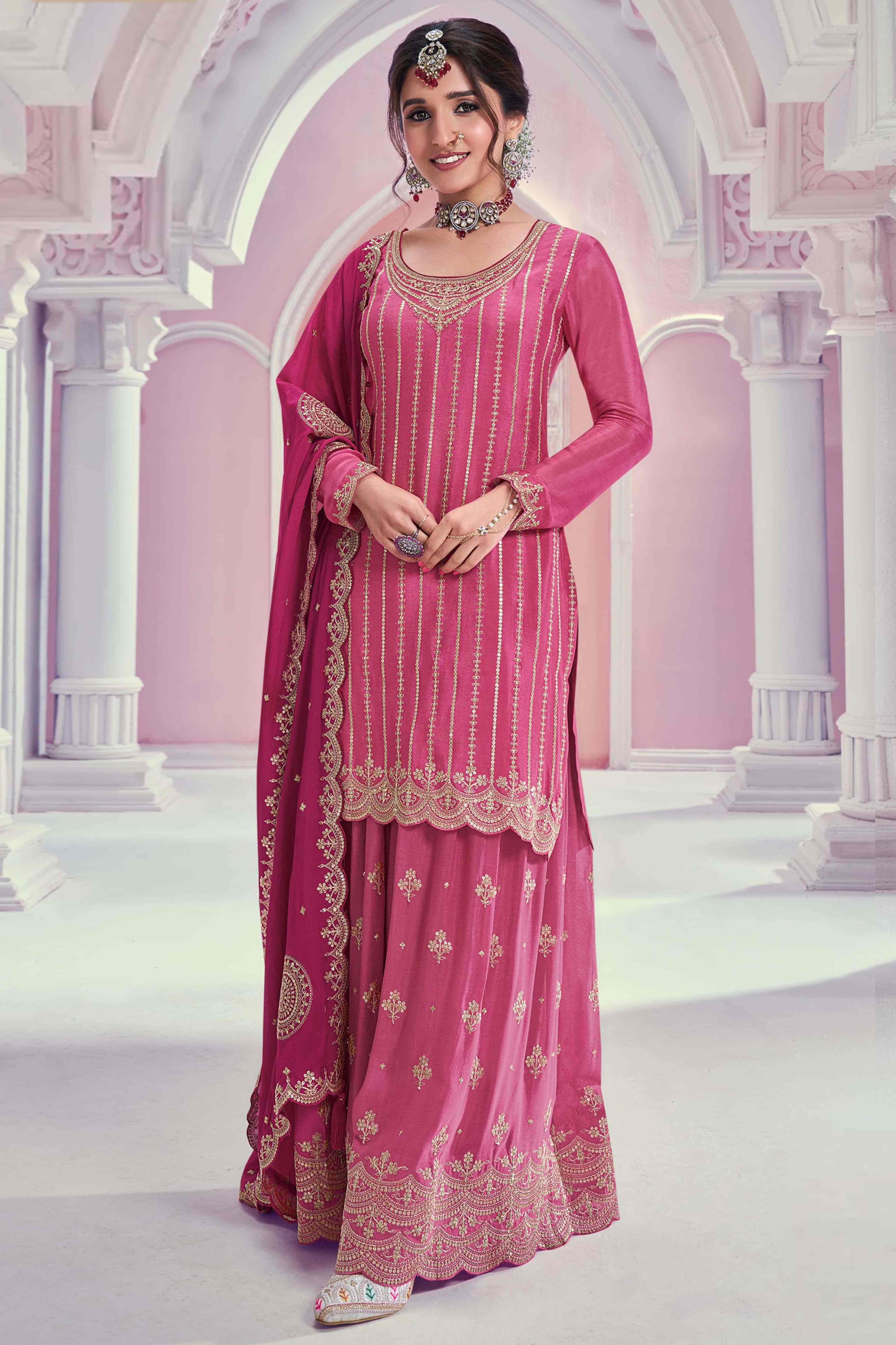 Pink Sequins Embroidered Chinon Sharara Suit