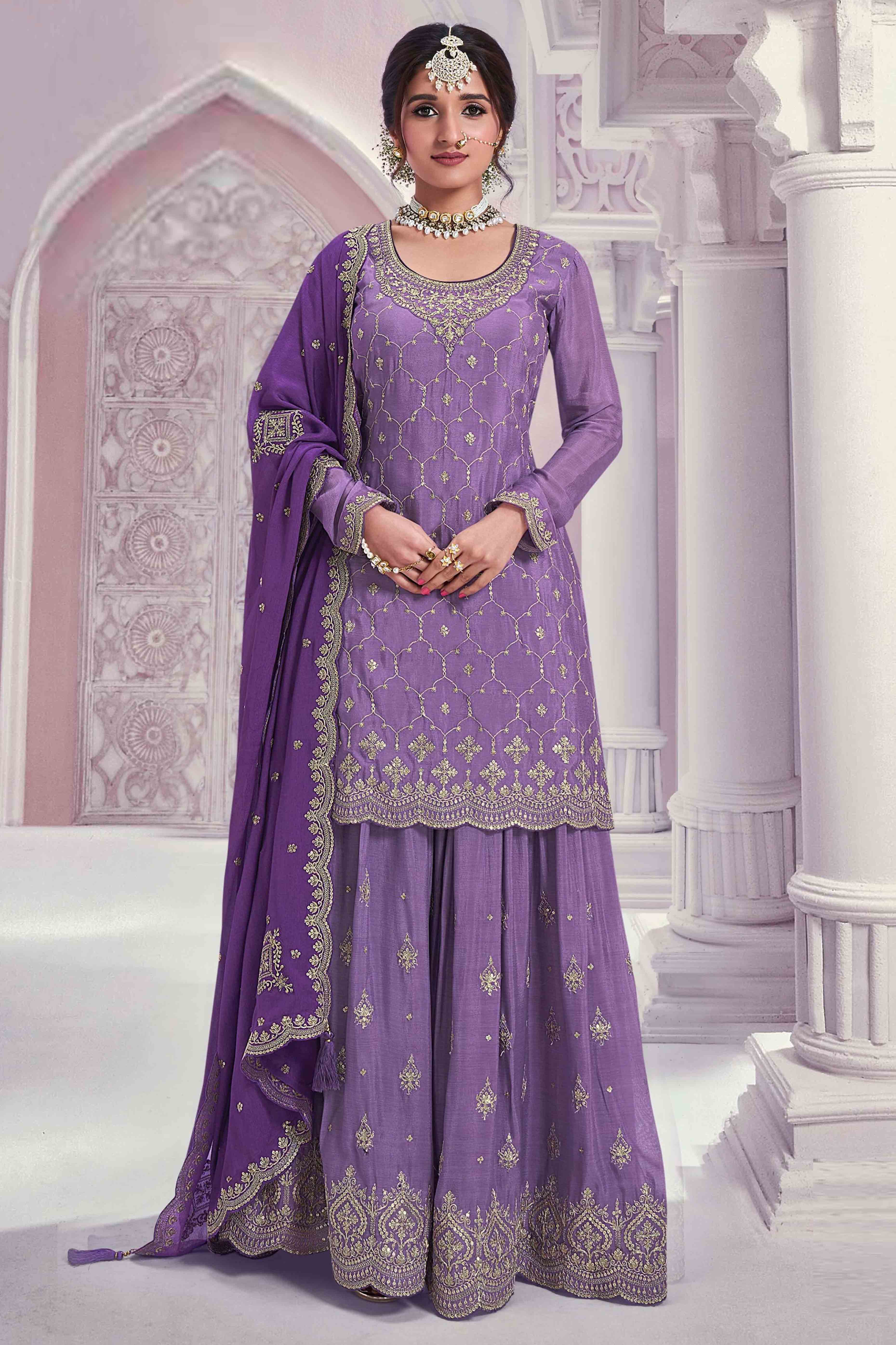 Lavender Sequins Embroidered Chinon Sharara Suit