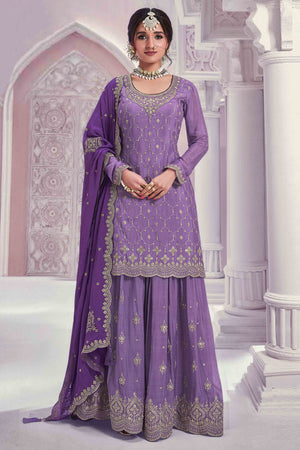 Lavender Sequins Embroidered Chinon Sharara Suit