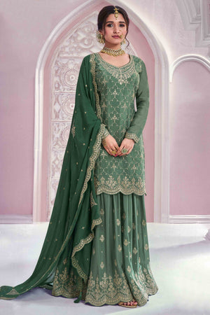 Green Sequins Embroidered Chinon Sharara Suit
