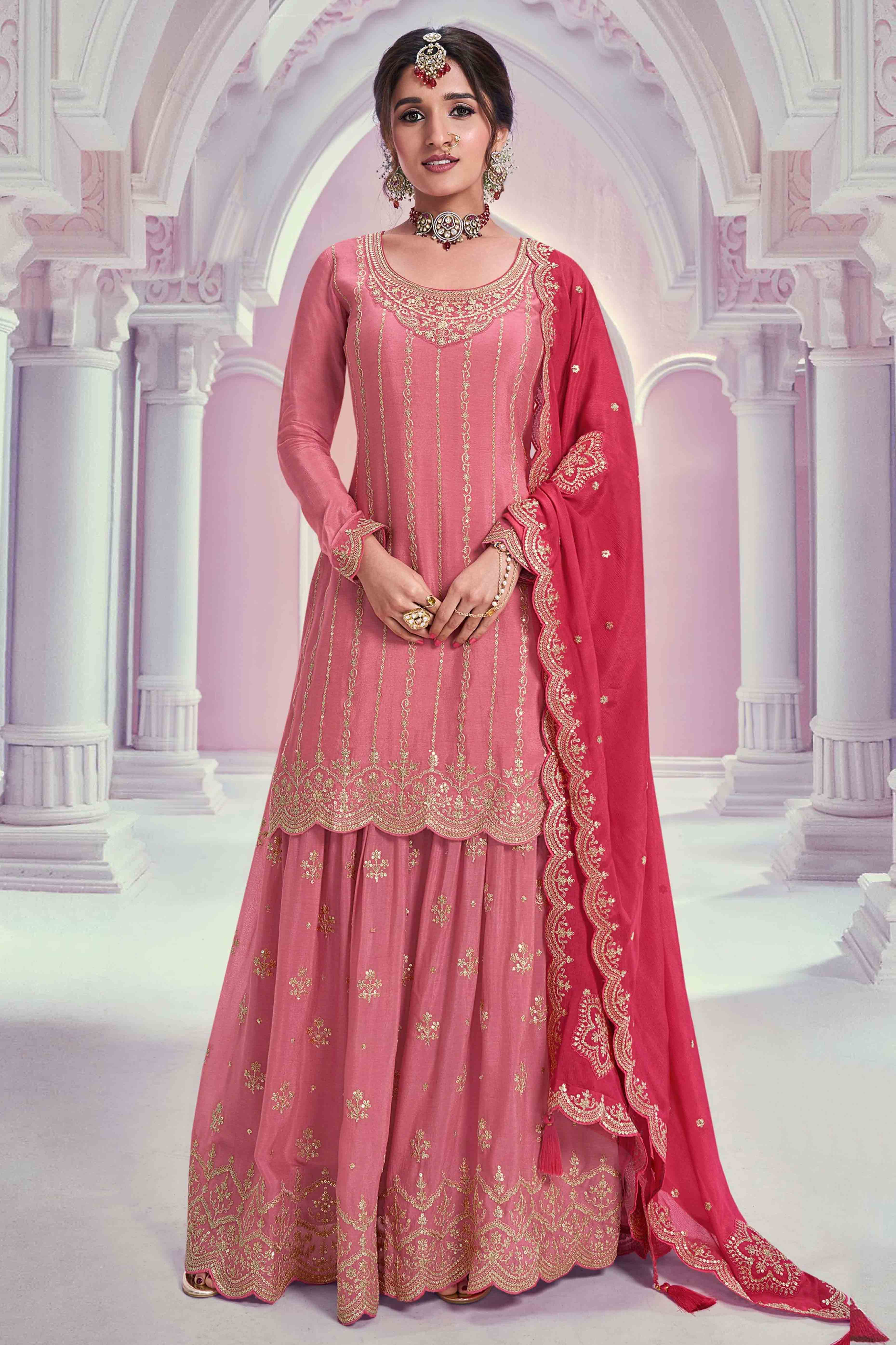 Gajari Pink Sequins Embroidered Chinon Sharara Suit