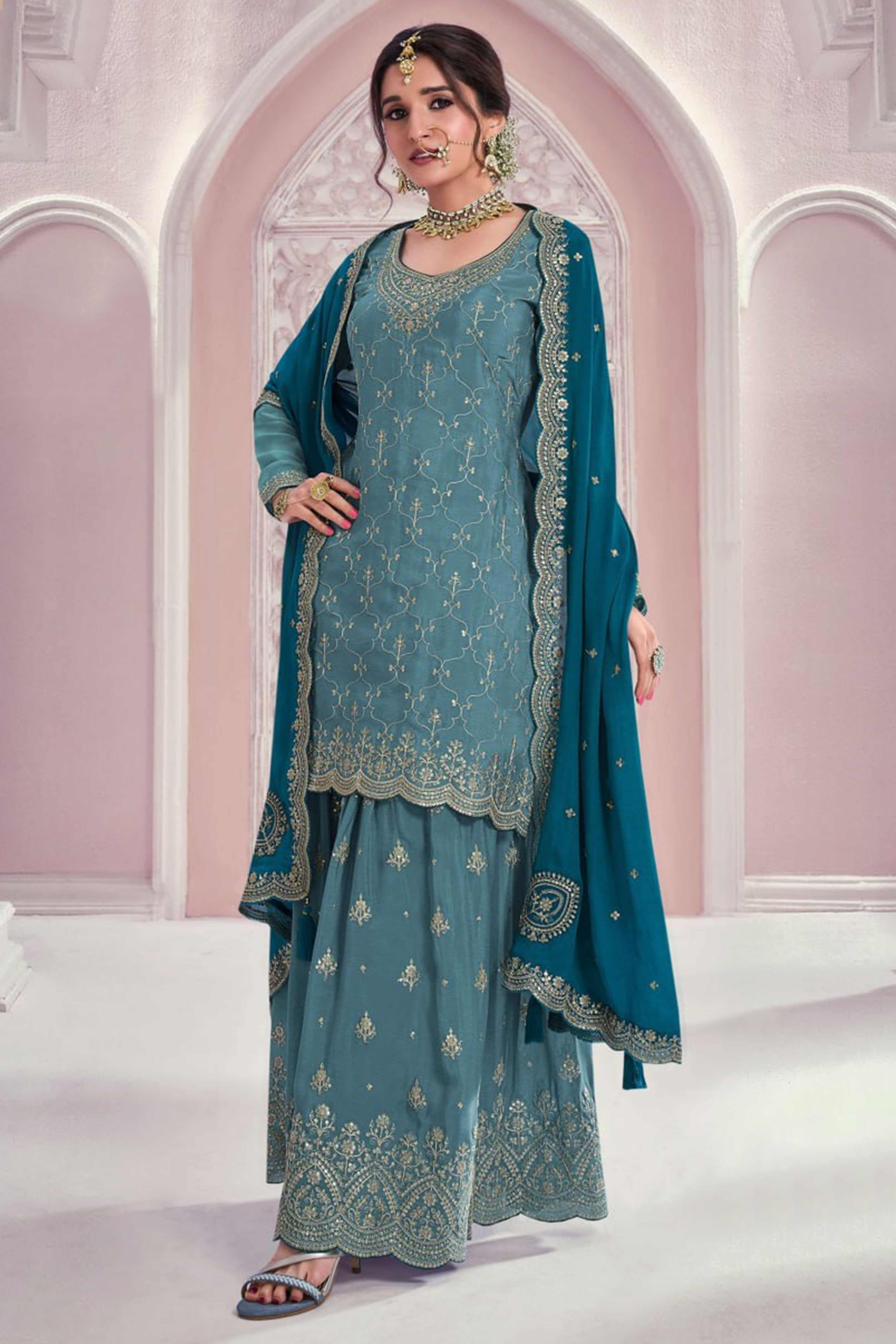 Blue Sequins Embroidered Chinon Sharara Suit