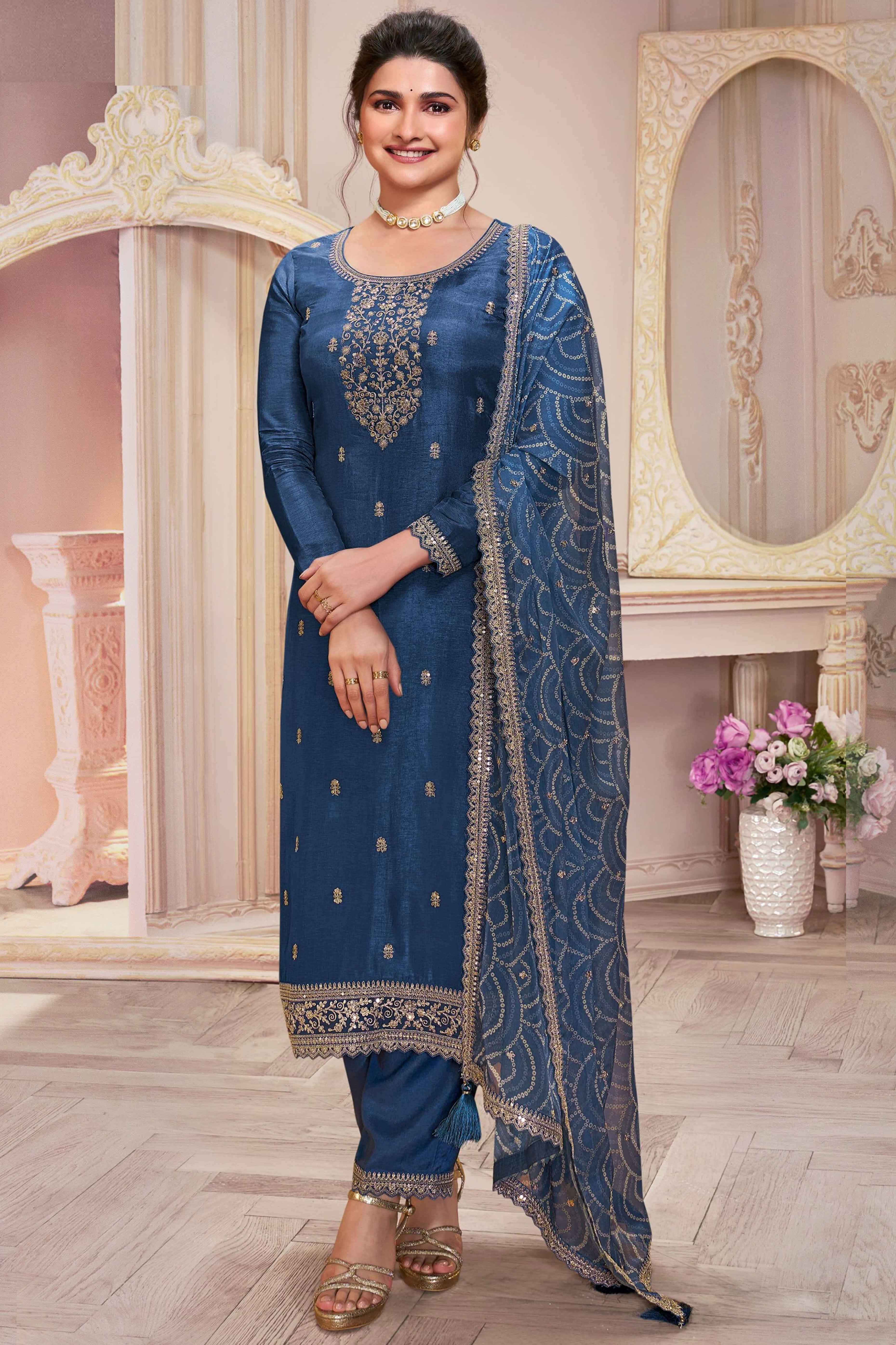 Blue Embroidered Georgette Semi-Stitched Pakistani Suit