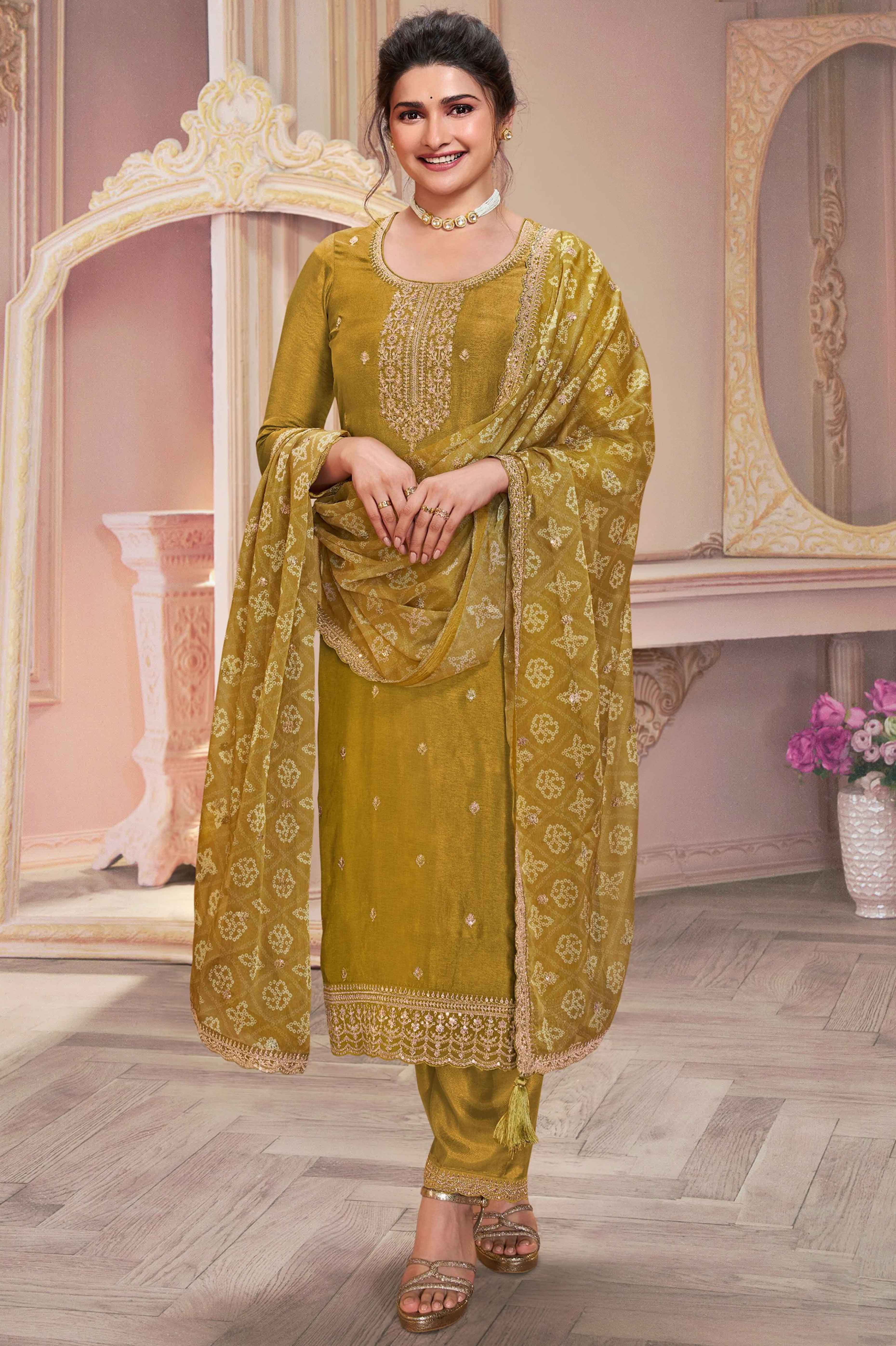 Mustard Embroidered Georgette Semi-Stitched Pakistani Suit