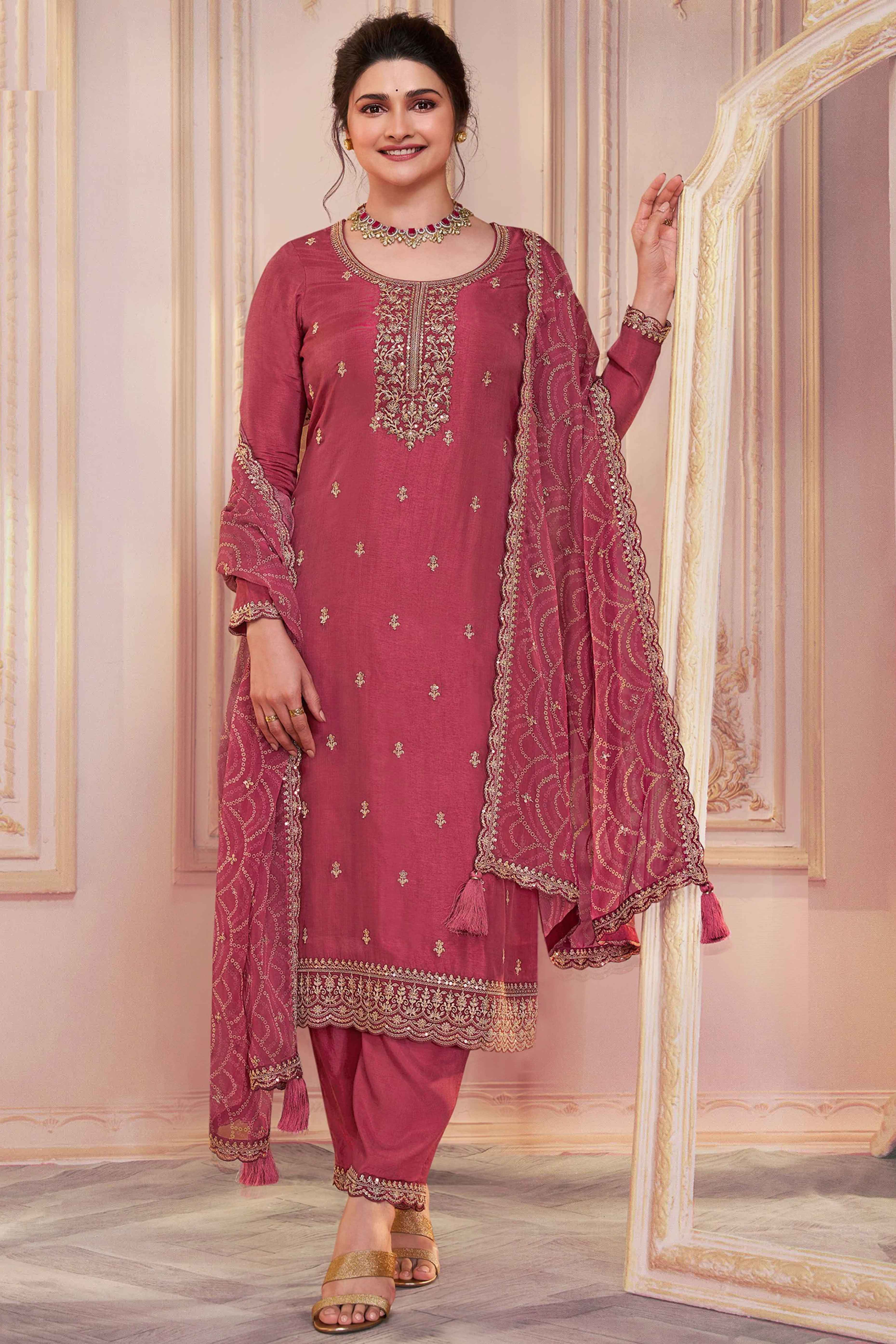 Mauve Embroidered Georgette Semi-Stitched Pakistani Suit