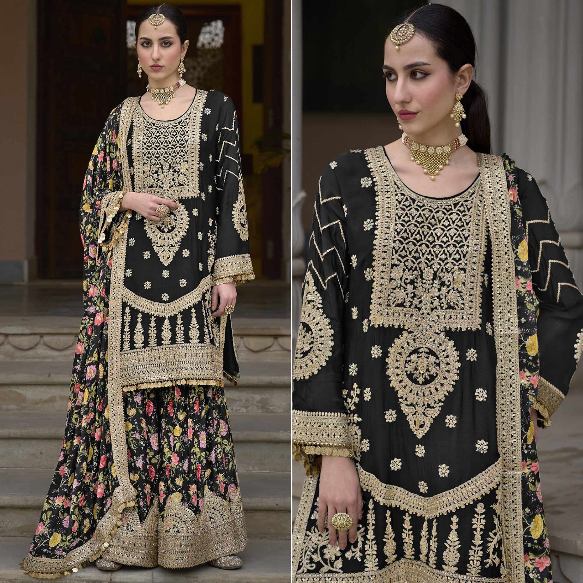 Black Floral Sequins Embroidered Chinon Salwar Suit